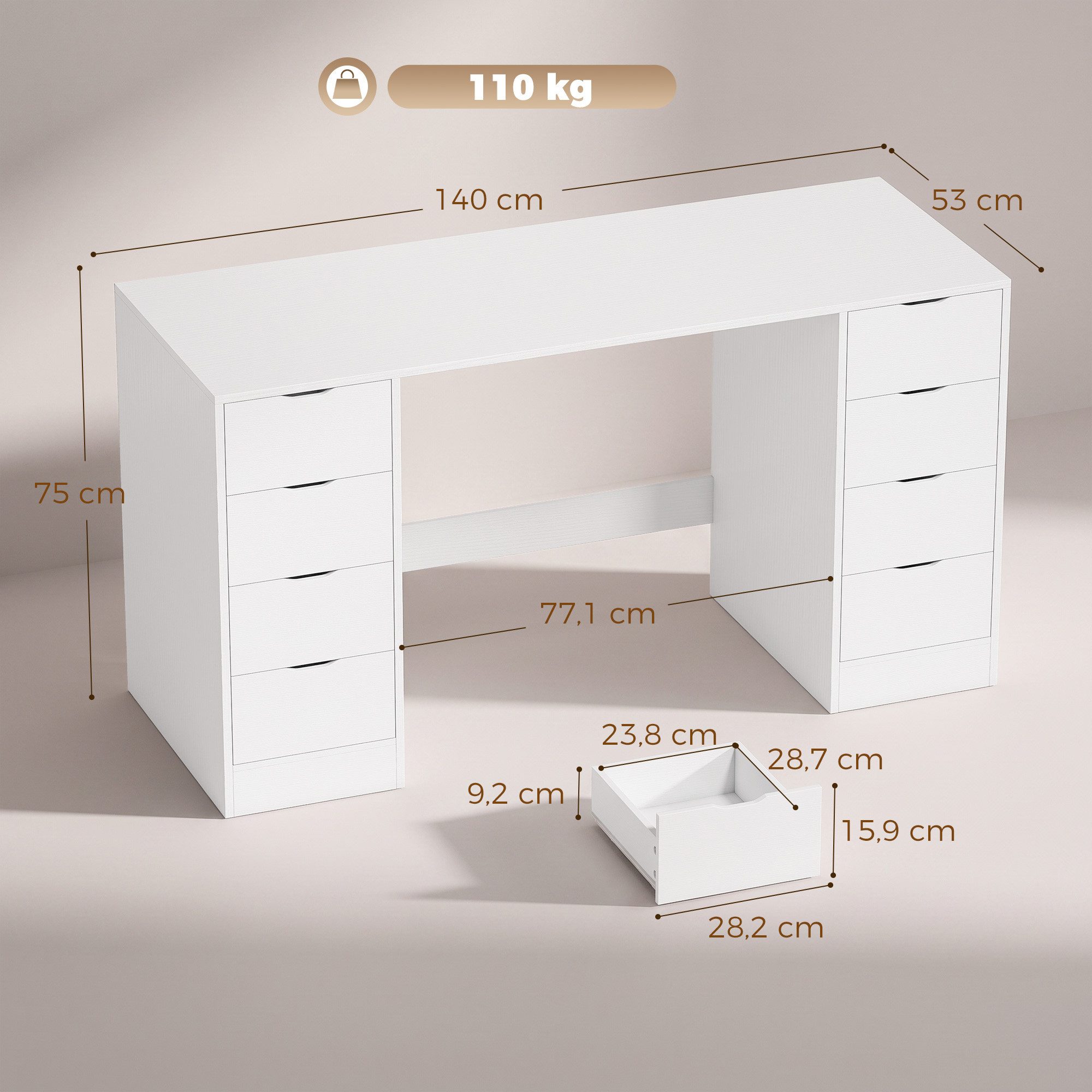 HOMCOM Schreibtisch Computertisch mit 8 Schubladen für Büro und Wohnzimmer (Set, 1-St., 1 Tisch), Breite 140 cm – Bild 3 von 5