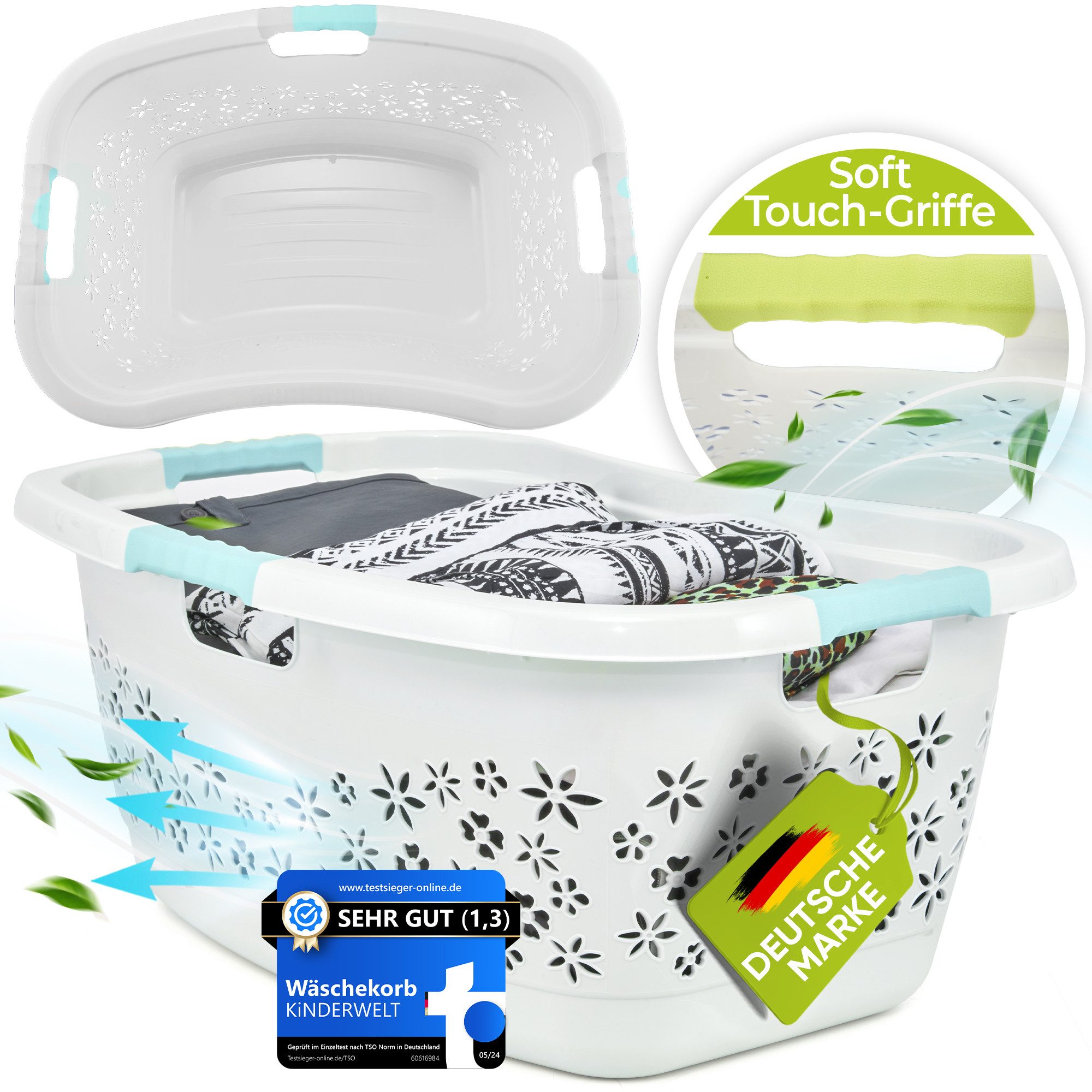 KiNDERWELT Wäschekorb Premium 50 L ergonomischer Form, Soft-Touch-Griffe, an den Körper angepasste Nierenform