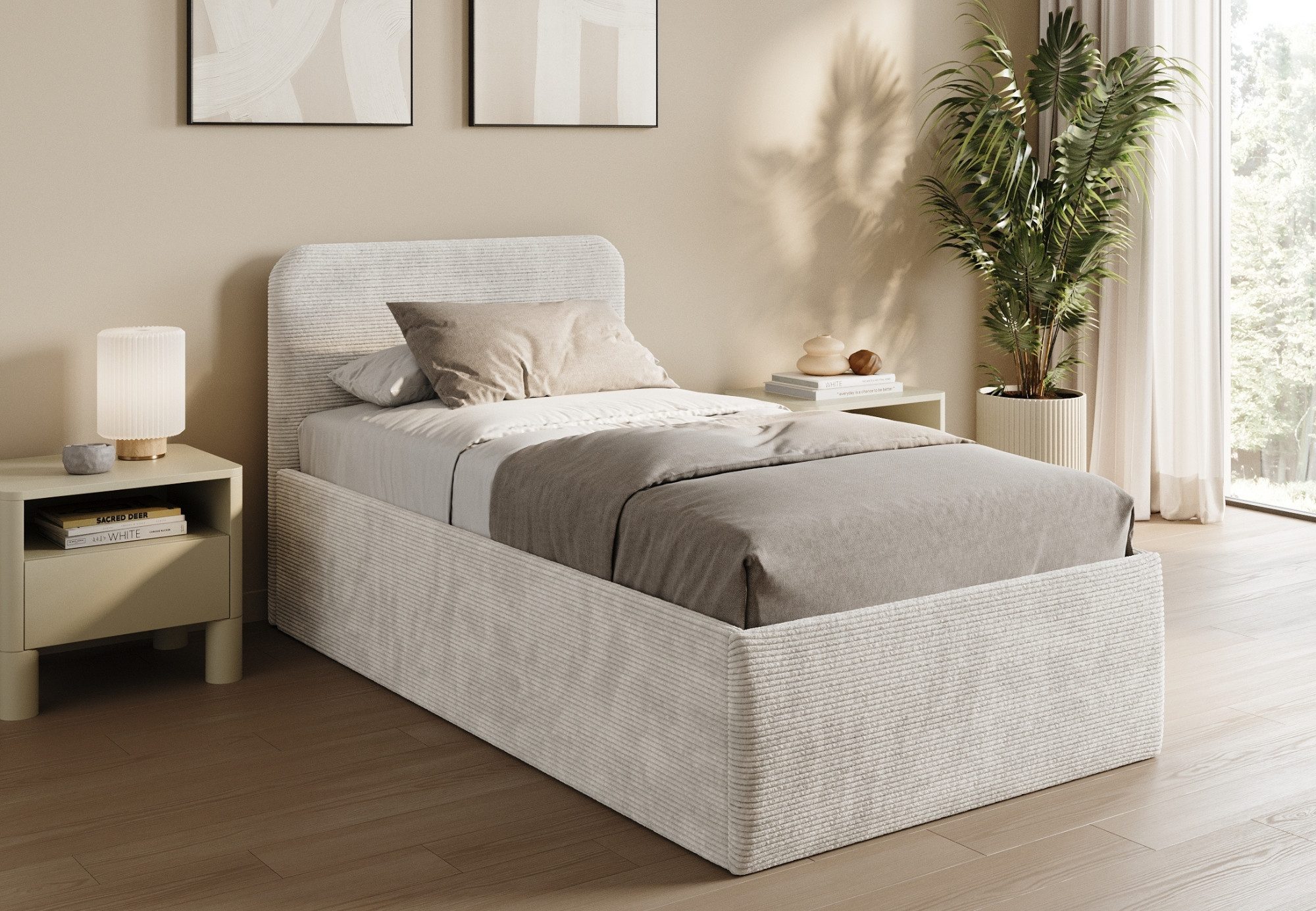 Home Collective Polsterbett Bett mit Stauraum, verstellbarem Lattenrost, viele Größen (Größen: 100x200 120x200 140x200 160x200 180x200 200x200, hochwertiger Kordstoff, made in Germany), wählbare Matratze Federkern oder Kaltschaum, Hellbeige