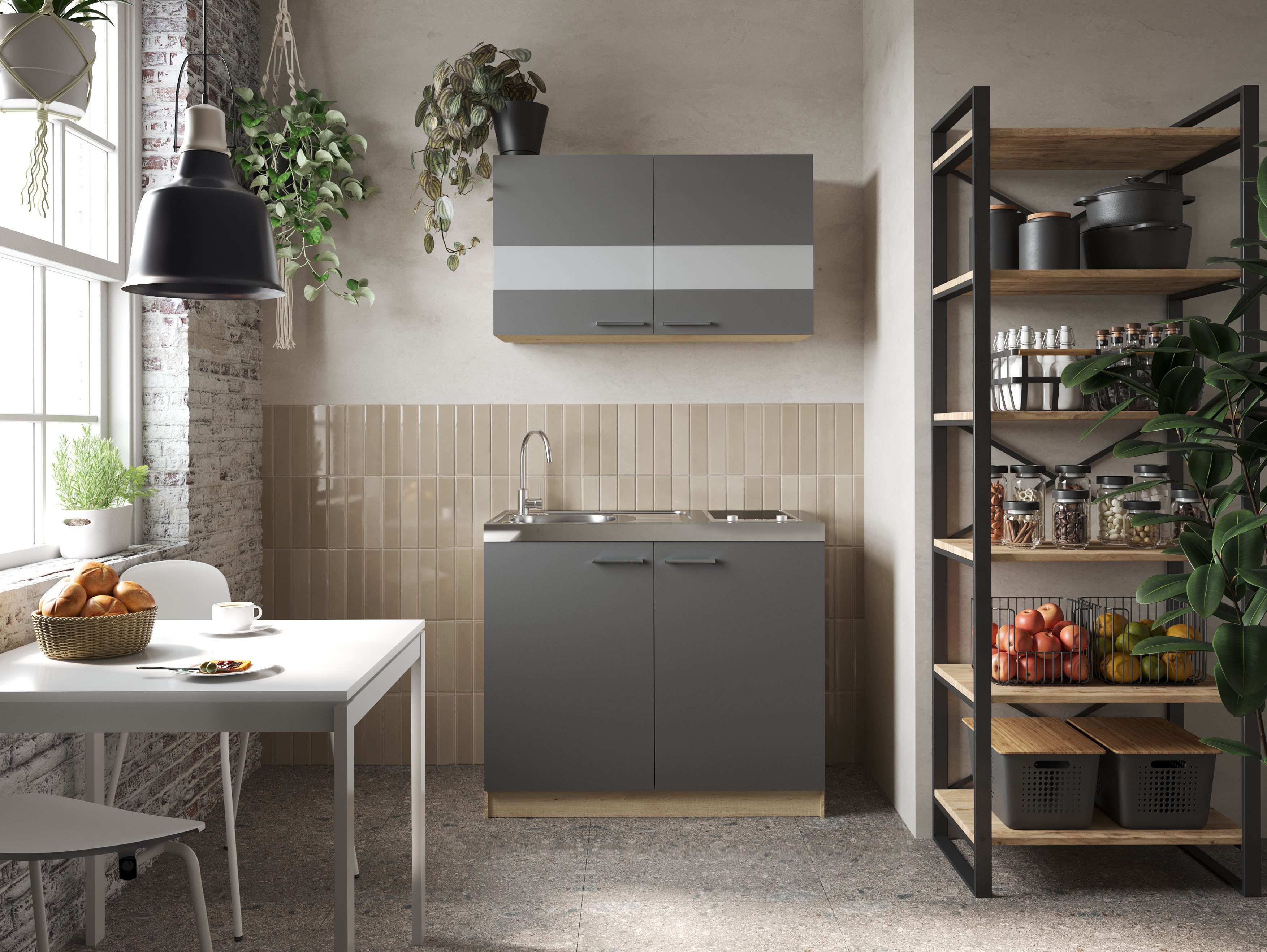 RESPEKTA Pantryküche Merle, Breite 100 cm, Soft-Close, Spülenabdeckung mit Glaskeramikkochfeld