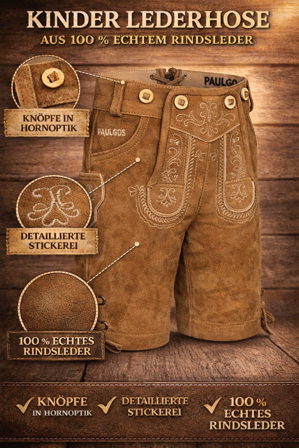 PAULGOS Trachtenhose Kinder Lederhose Kurz mit Trägern 100% Echtleder - KK1