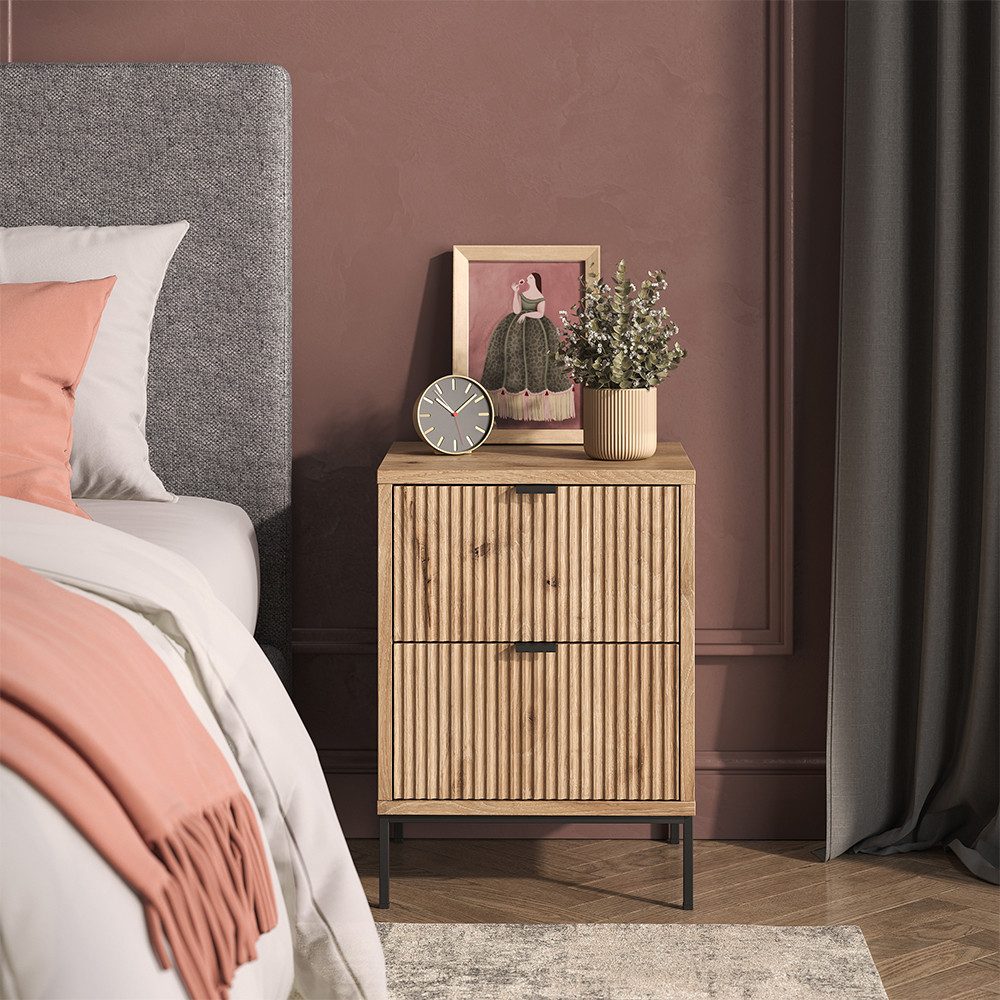Vicco Nachtschrank Eliza, Viking Oak/Schwarz, 40 x 55.4 cm mit 2 Schubladen (1-St)
