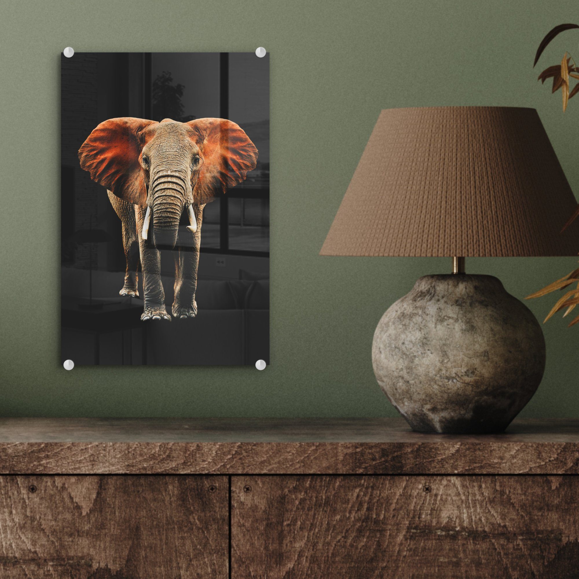 Wanddekoration MuchoWow - auf Glas - Bilder - St), Foto Orange, - Elefant Acrylglasbild Glas Schwarz - bunt Glasbilder (1 Wandbild auf