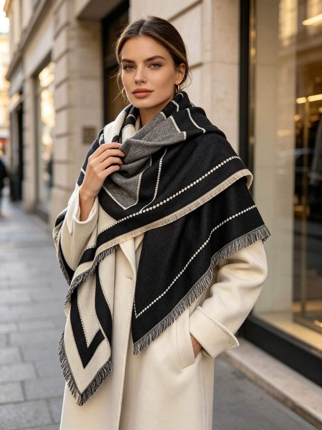 LK Trend & Style Modetuch Großes quadratisches Tuch mit geometrischem Muster, (edler Kaschmir-Schal, 135 x 135 cm, Schwarz), Ultraweiches Volumen: Ein luxuriöser Fall, der sich sanft anschmiegt.