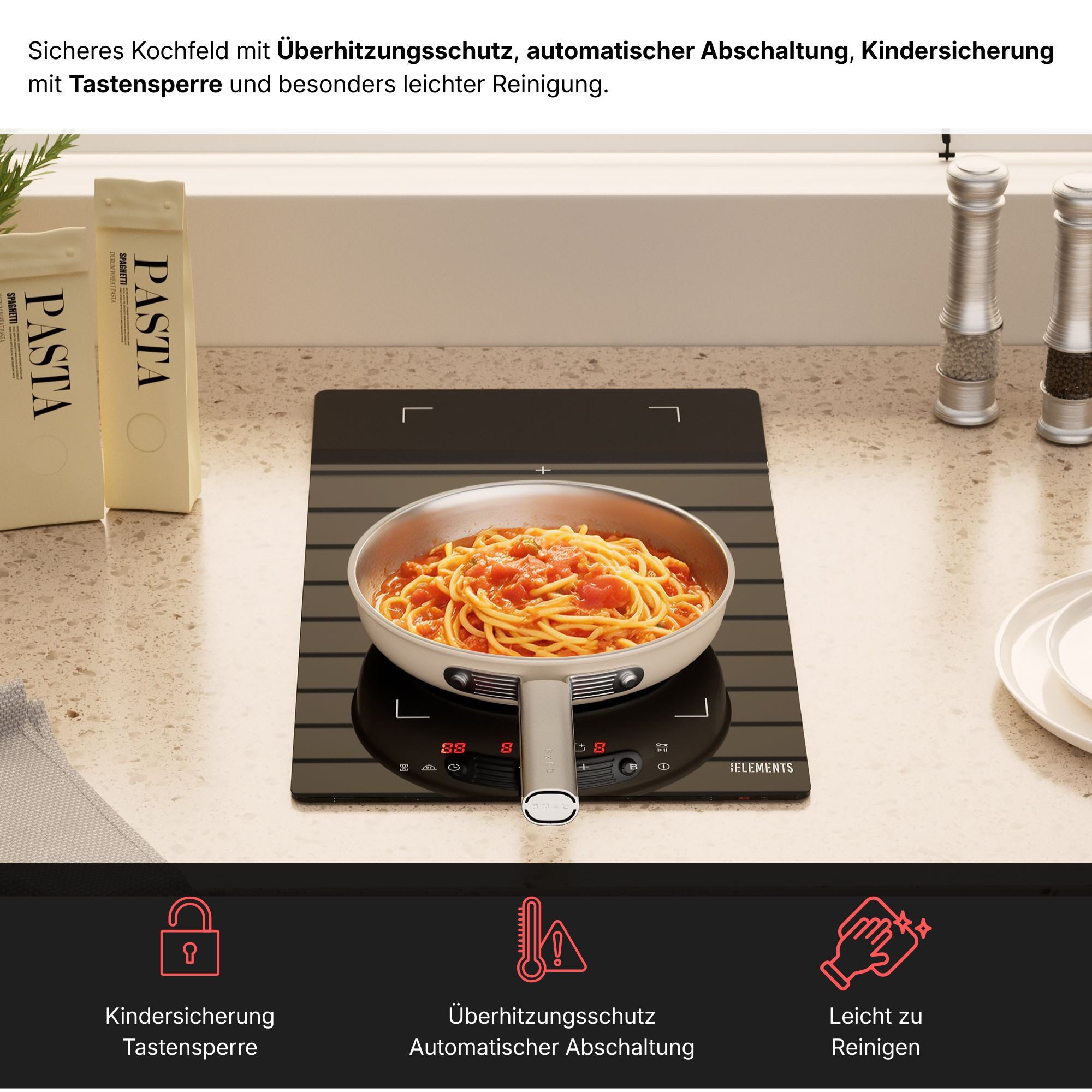KB Elements Induktions-Kochfeld, EU Stecker, Flexzone, Warmhaltefunktion