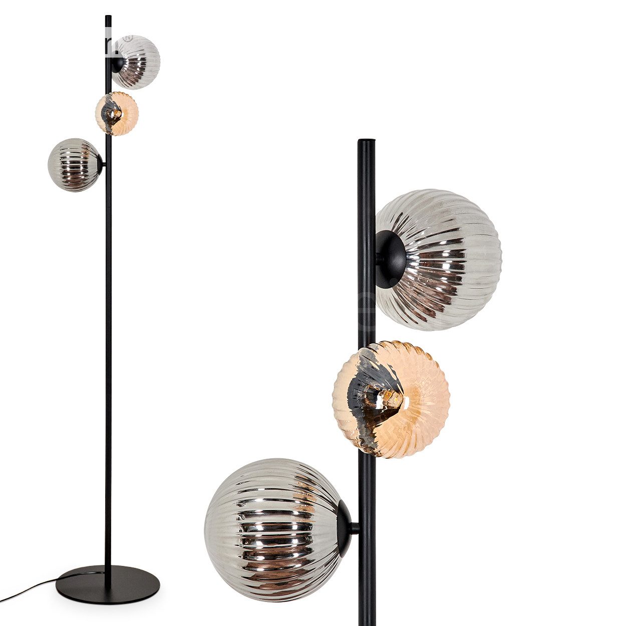 Stehlampe Stehlampe aus Metall/Riffelglas in Schwarz/Rauch/Bernstein