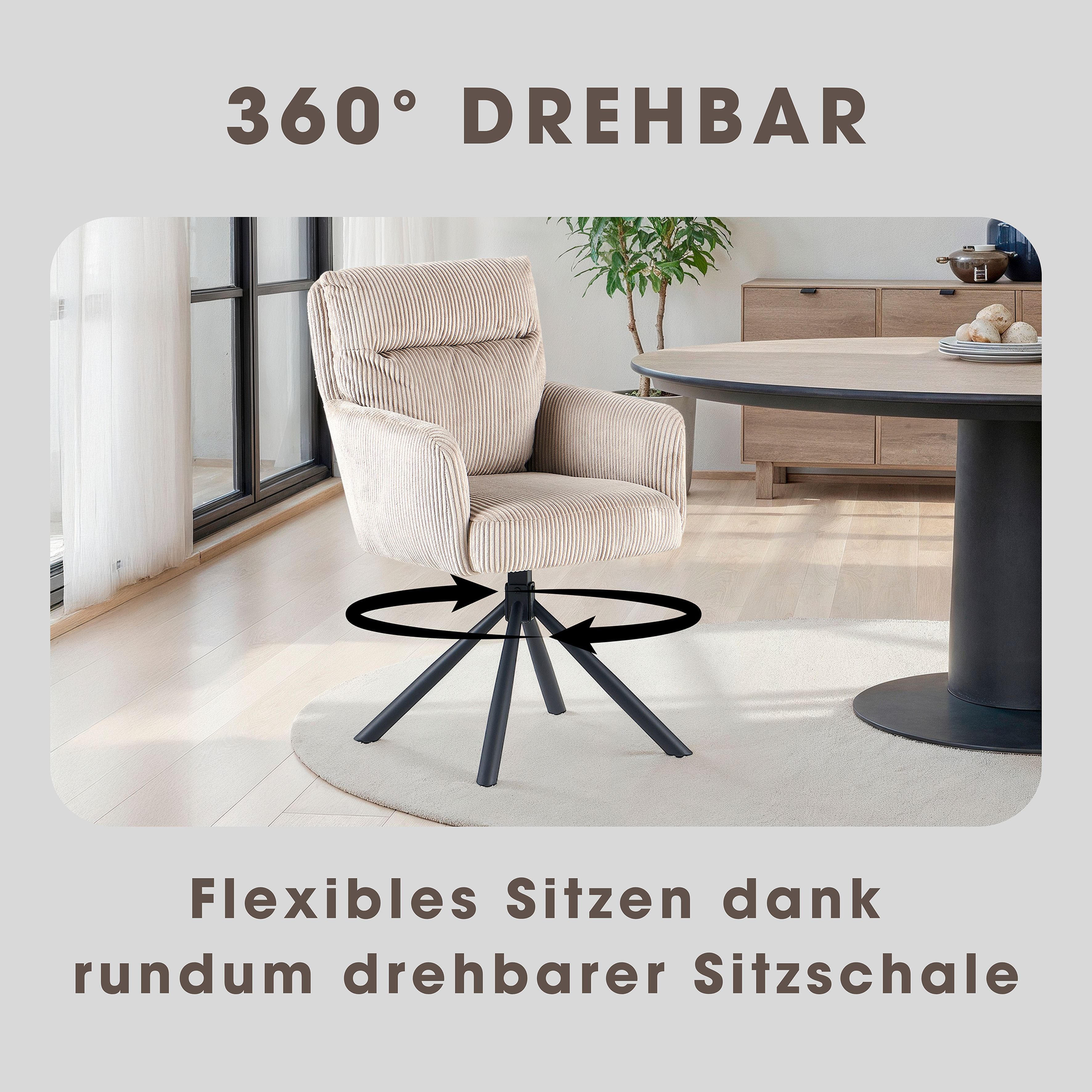 OTTO home Esszimmerstuhl Justin (Set, 2 St), gemütlicher Sessel mit Taschenfederkern, 360 Grad drehbar, Grob - Cord