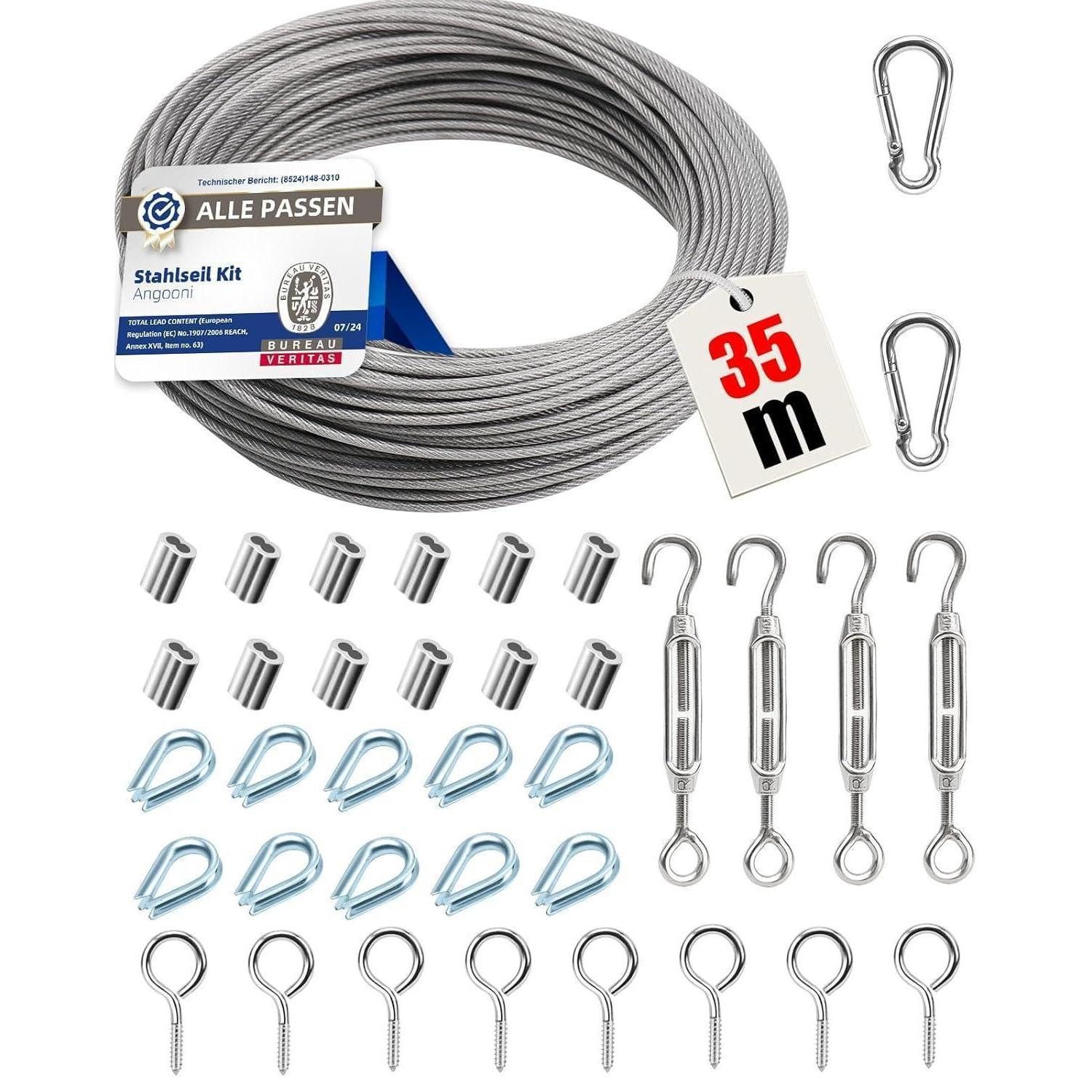 LuxusKollektion Drahtseil Stahlseil Set 35m 3mm M5 Seilspanner Spannschloss Ösen 37