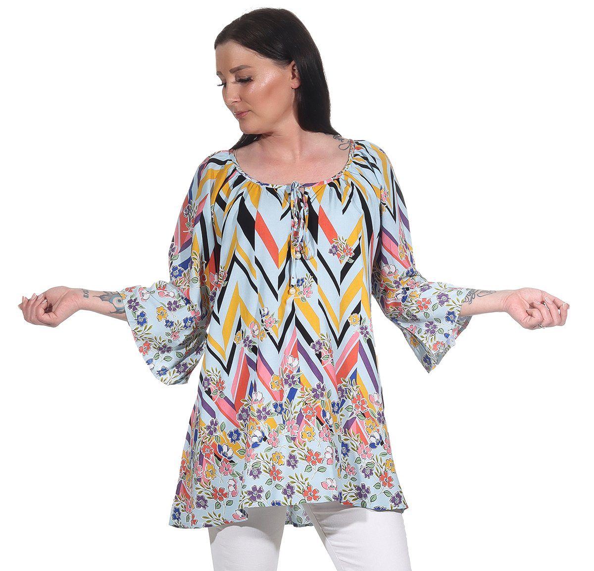 Aurela Damenmode Oversize-Shirt Damen Bluse leichtes Strandshirt sommerliche Tunika angenehmes Baumwollmaterial, Gesamtlänge: 76 - 78cm Hellblau