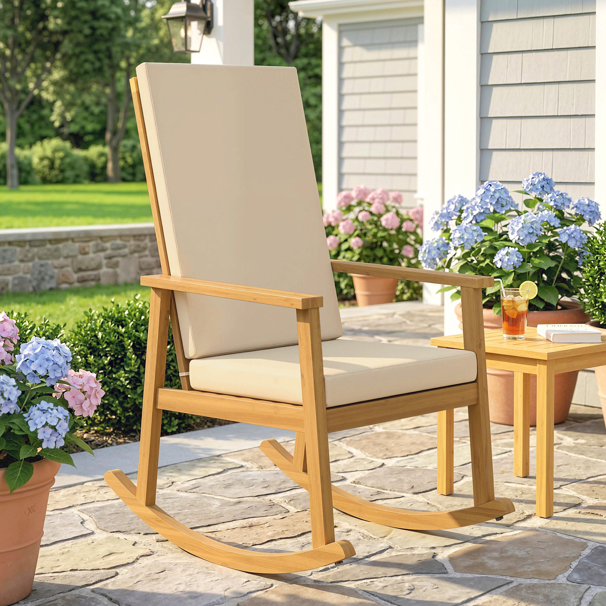 Outsunny Schaukelstuhl Gartenstuhl mit hoher Rückenlehne, Kissen, bis 160 kg Relaxstuhl (Schaukelsessel, 1 St), für Garten Balkon Hof Terrasse 60 x 89 x 107 cm Beige