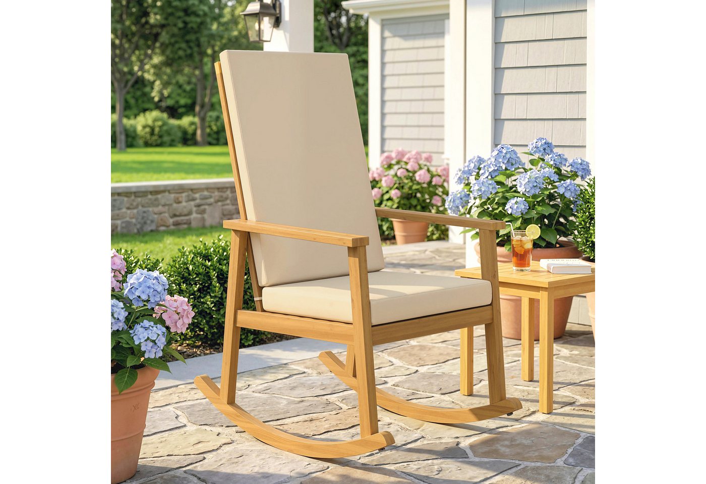 Outsunny Schaukelstuhl Gartenstuhl mit hoher Rückenlehne, Kissen, bis 160 kg Relaxstuhl (Schaukelsessel, 1 St), für Garten Balkon Hof Terrasse 60 x 89 x 107 cm Beige