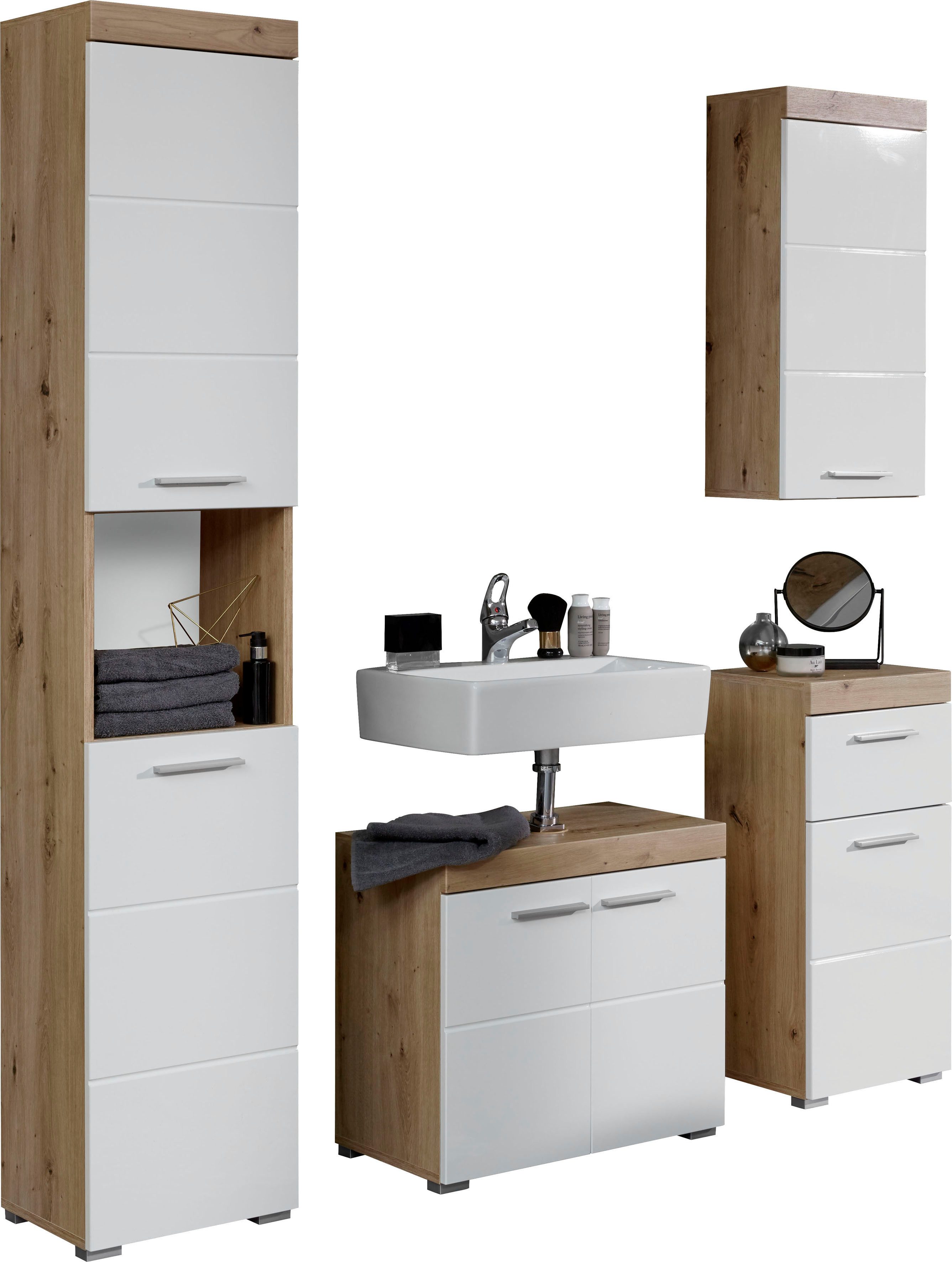 welltime Badmöbel-Set Avena, (Set, 4-St), Badmöbel - Hochschrank, Waschbeckenschrank, Hängeschrank und Kommode