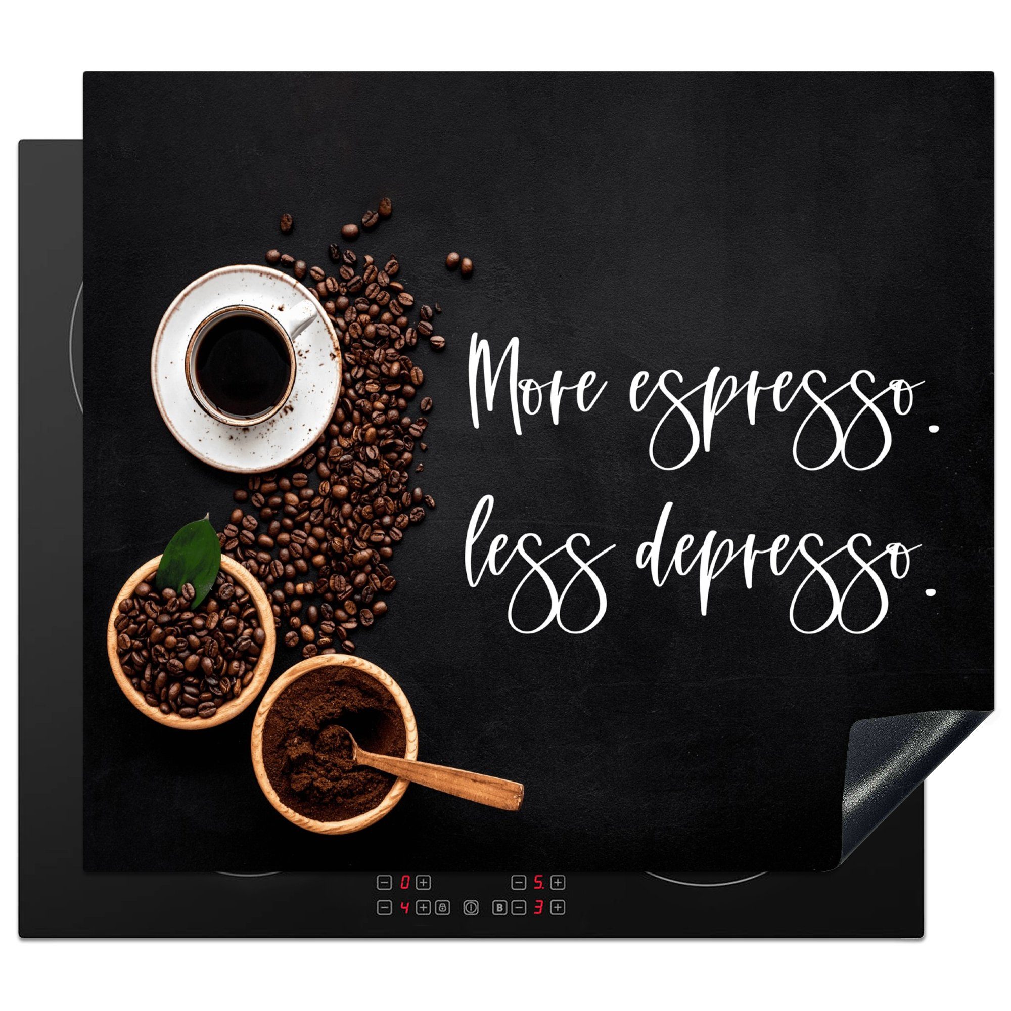 MuchoWow Herdblende-/Abdeckplatte Kaffee - Mehr Espresso weniger Depresso - Zitate - Sprichwörter, Vinyl, (1 tlg), 58x51 cm, Küchen Dekoration für Induktionsherd, Induktionskochfeld