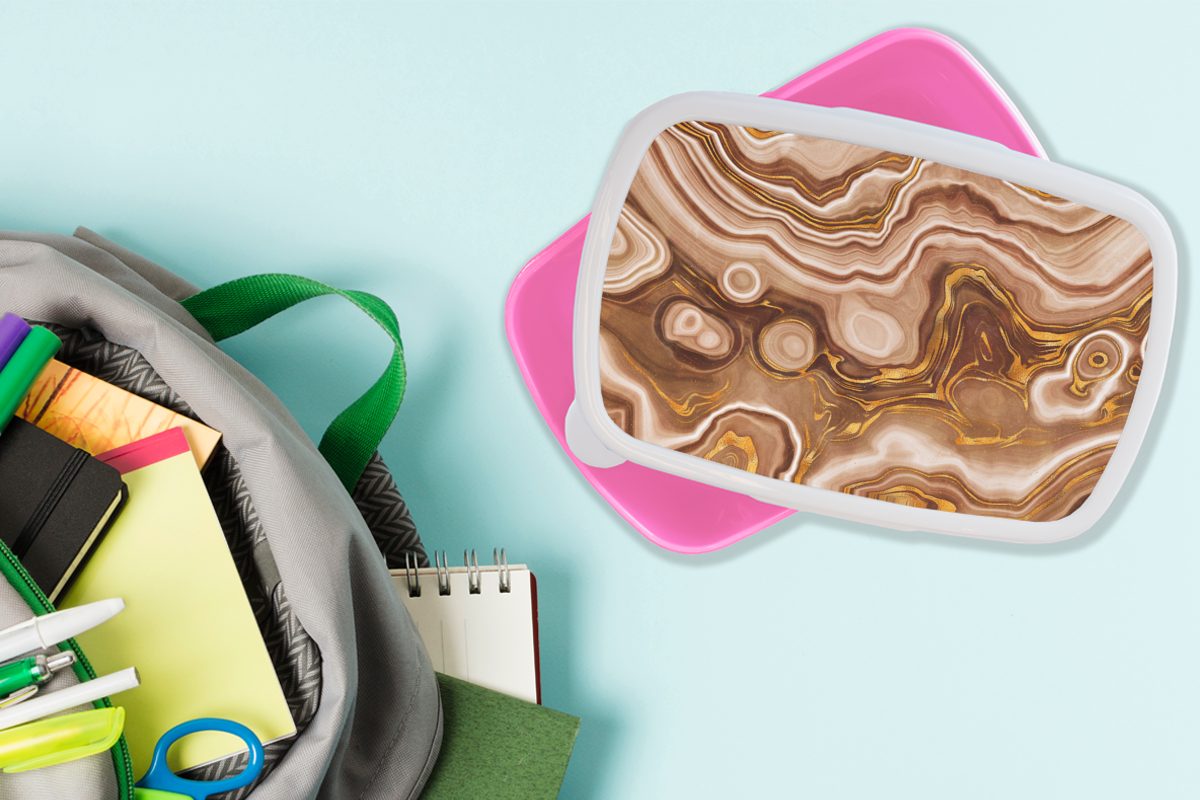 rosa Kinder, Brotbox - - Lunchbox Kunststoff, Erwachsene, Snackbox, Marmor (2-tlg), Mädchen, Brotdose für Golden Kunststoff MuchoWow Kreis,