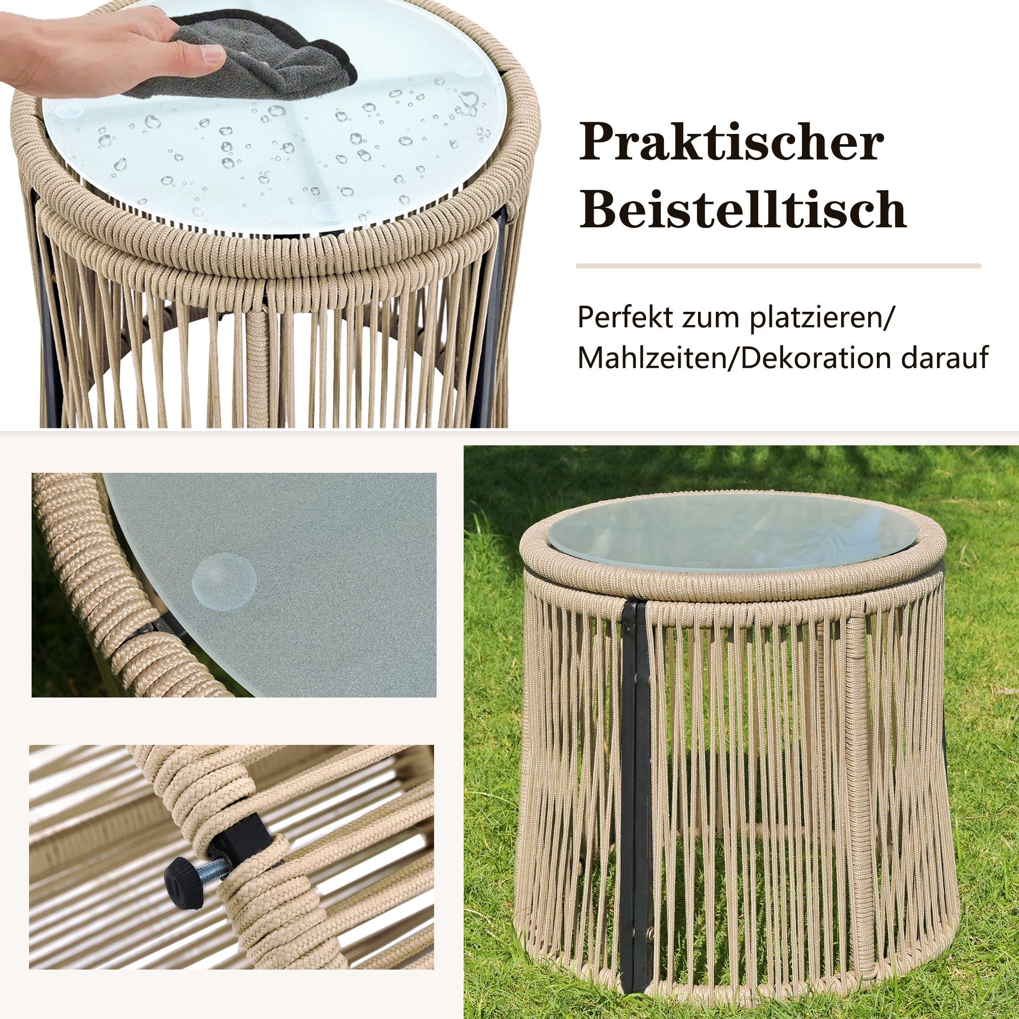 Gartenlounge-Set, (3-tlg., Gartenmöbel-Set aus Gewebtes Seil, Stahlrahmen), Sofa, Beistelltisch ∅43x48 cm, mit Auflagen