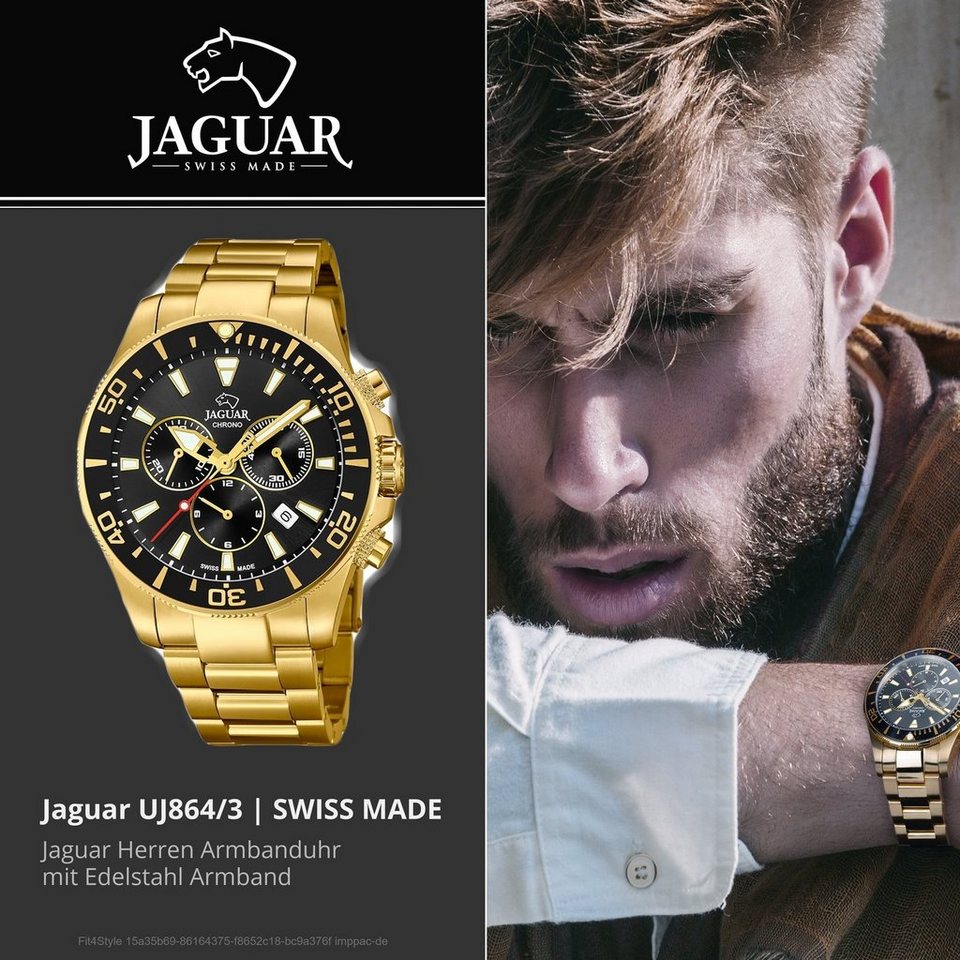 JAGUAR Chronograph Jaguar Herren Uhr Sport J864/3 Edelstahl, Herren  Armbanduhr rund, groß (ca. 44mm), Edelstahlarmband gold