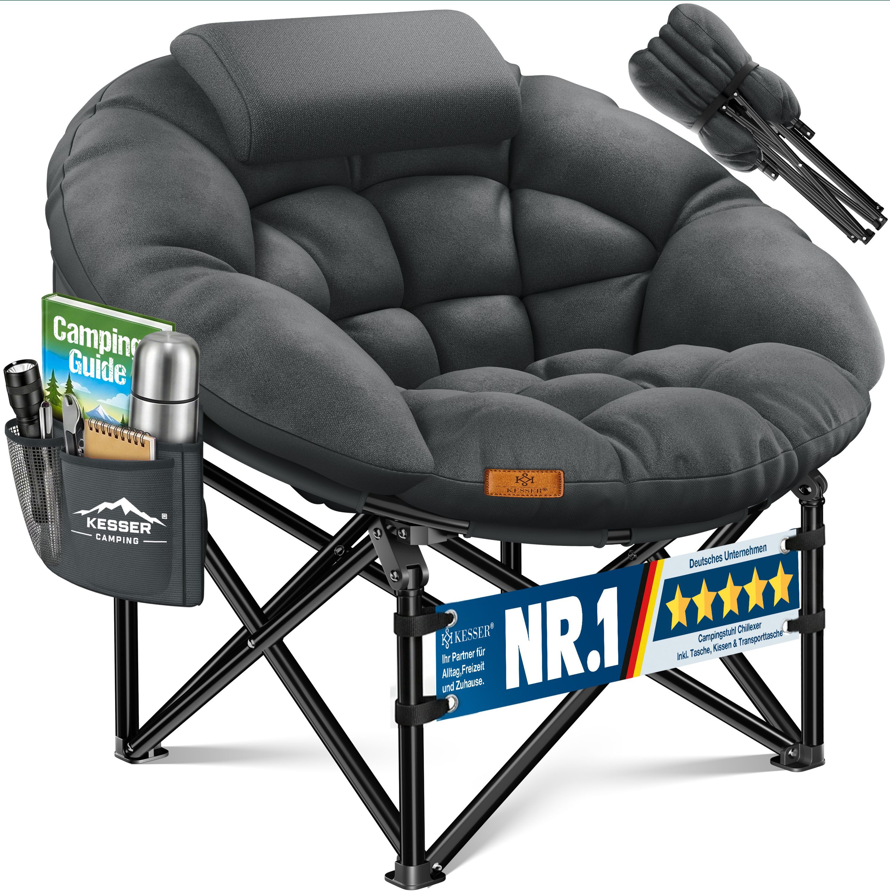 KESSER Campingstuhl XXL faltbar, bis 150 kg, inkl. Kissen, Seitentasche & Cover, Outdoor + Indoor für Camping, Angeln, Festival & Strand