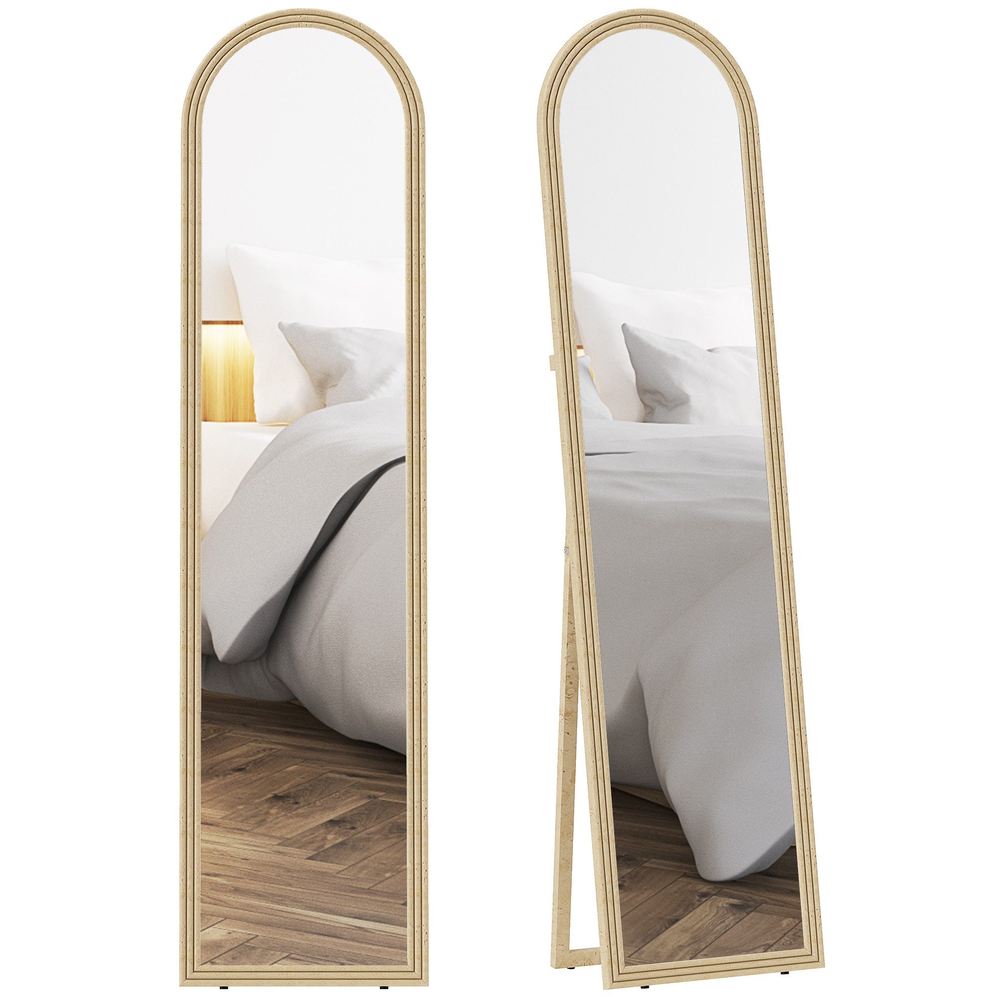 BAYMATE Standspiegel Ganzkörperspiegel mit Aufsteller, Steinoptik und Bogenform (40 x 160 cm, Beige)