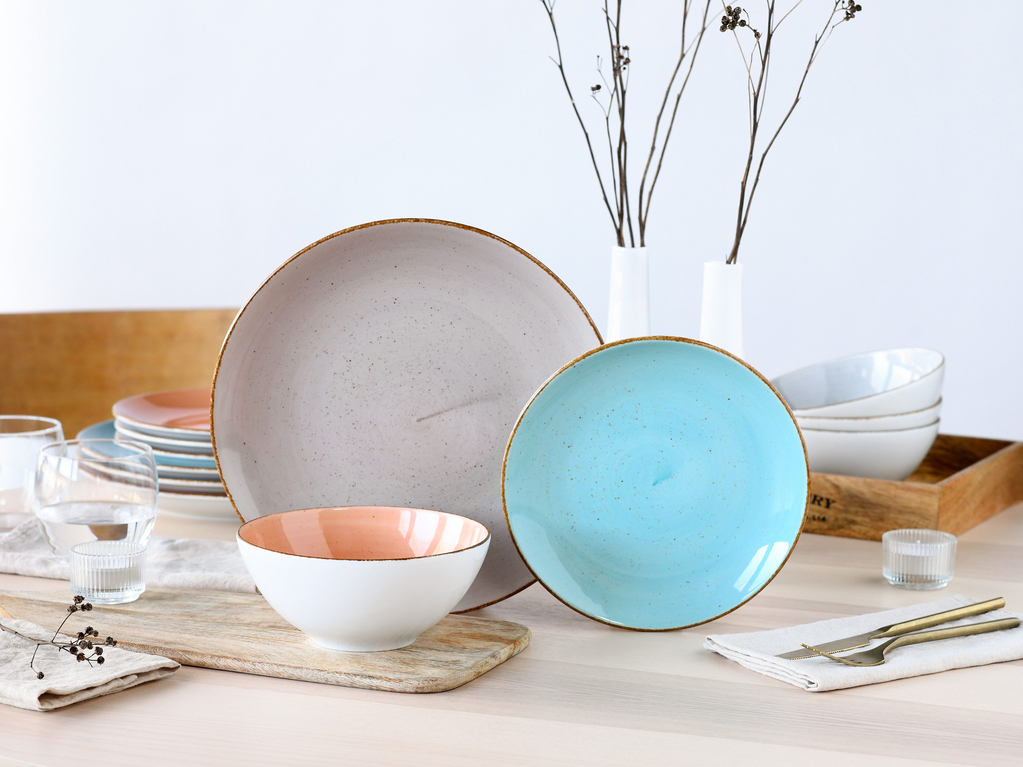 CreaTable Teller-Set Vintage, Teller Set 12-tlg. (12-tlg), 4 Personen, Porzellan, Naturverbundenes Design, Handgemalt