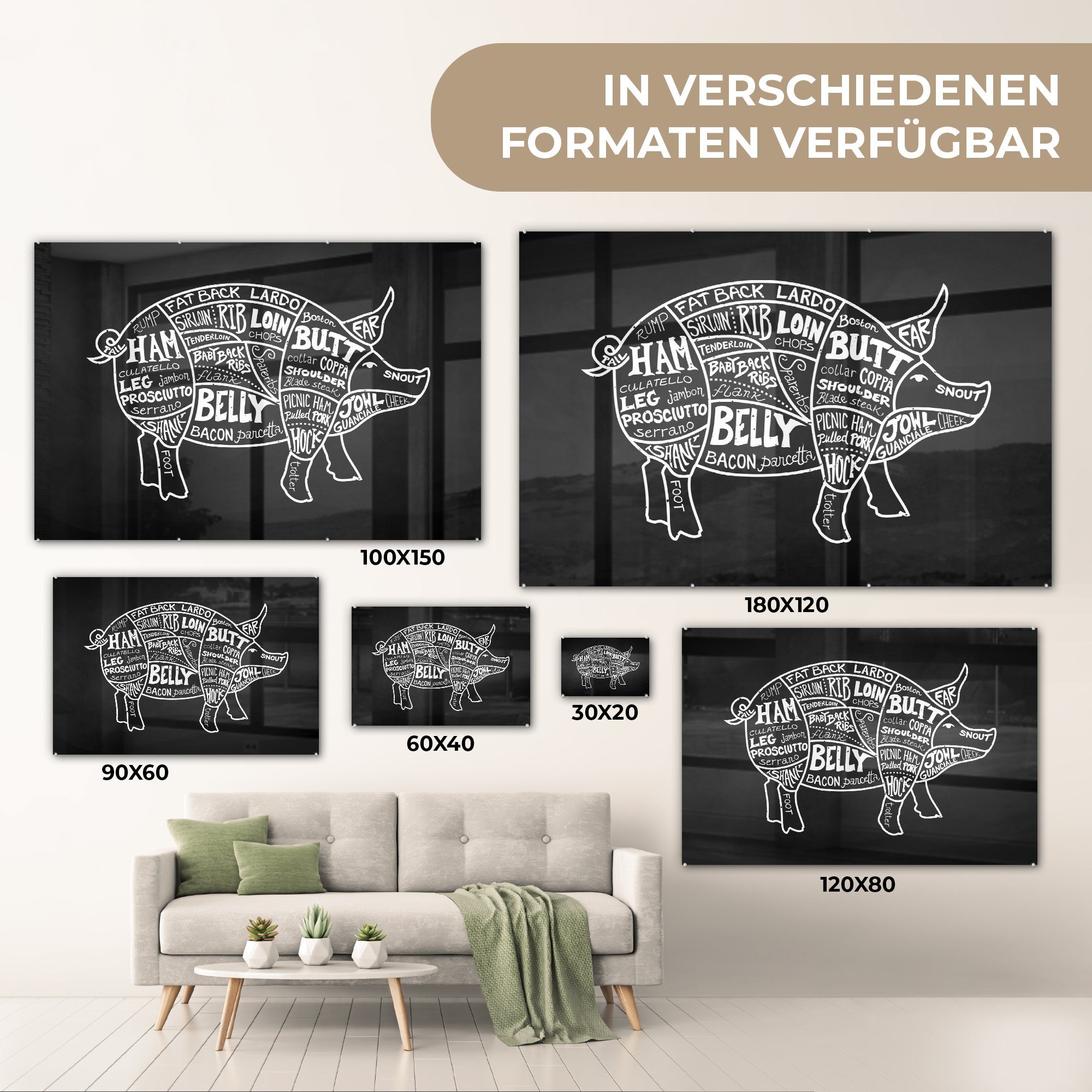 Glasbilder - Fleischer auf Wandbild Wanddekoration - - St), MuchoWow Glas auf Bilder Acrylglasbild (1 Fleisch, Foto Glas - - Schwein