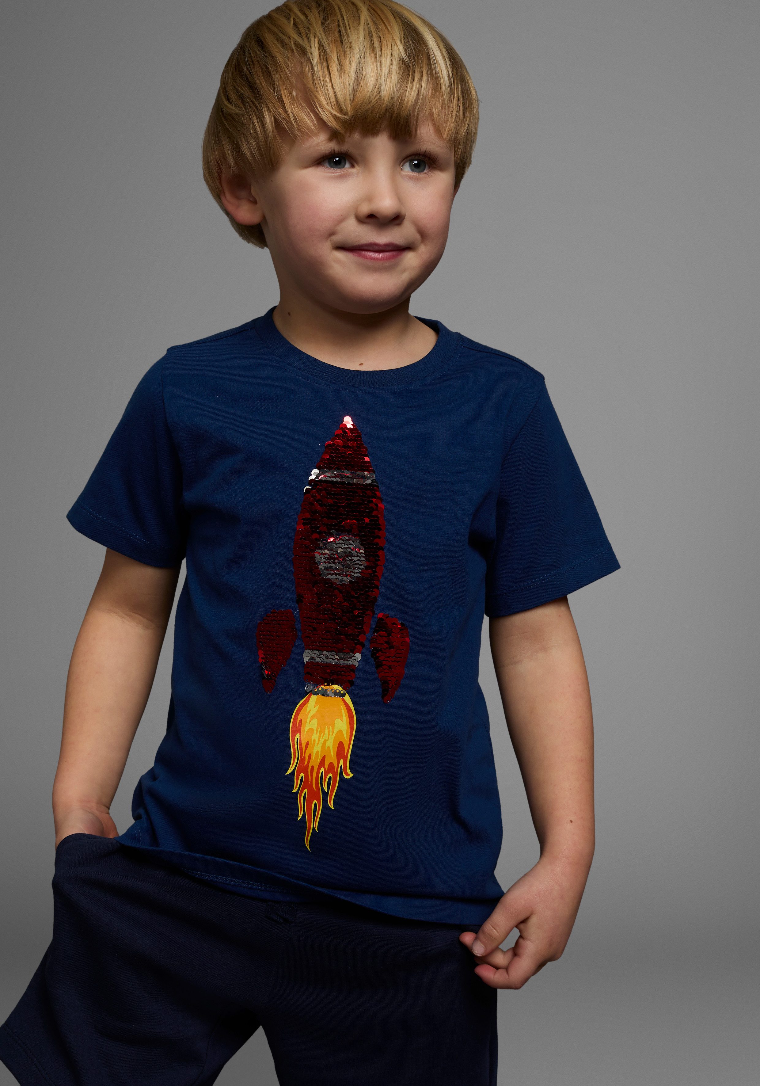 T-Shirt Mit Rakete aus Wendepailletten