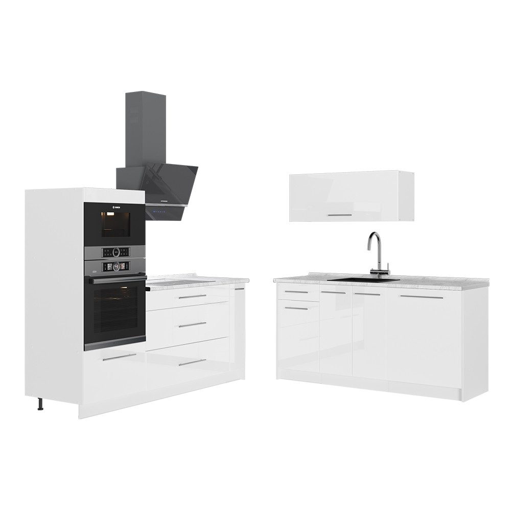 Vicco Küchenzeile Fame-Line, Weiß Hochglanz/Weiß, 340 cm, AP Marmor