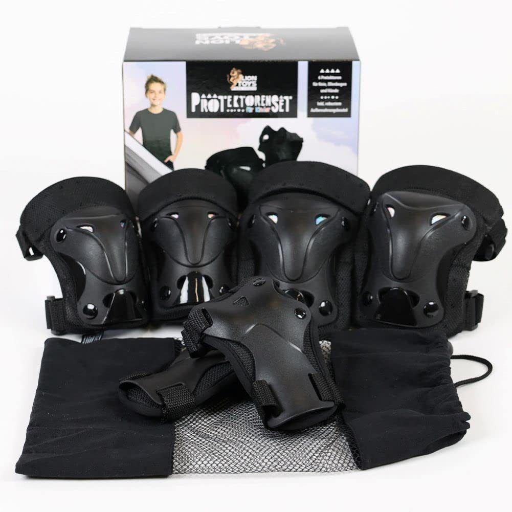 Lion Toys Protektoren-Set Protektoren Set für Kinder 6–12 Jahre – Schwarz, 6-teilig, Größenverstellbar & zertifiziert – Hand-, Ellenbogen- & Knieschoner