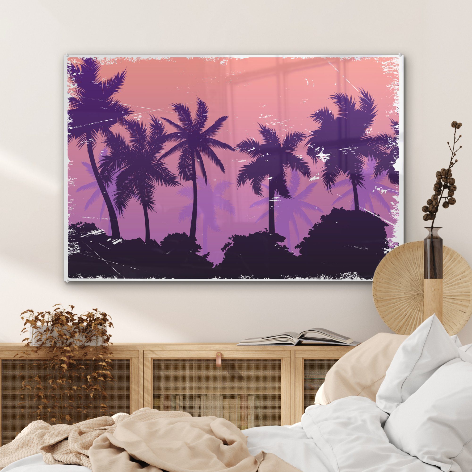 St), - Zeichnung, Nacht Palme - (1 Wohnzimmer & Acrylglasbild Sommer - Schlafzimmer MuchoWow Acrylglasbilder