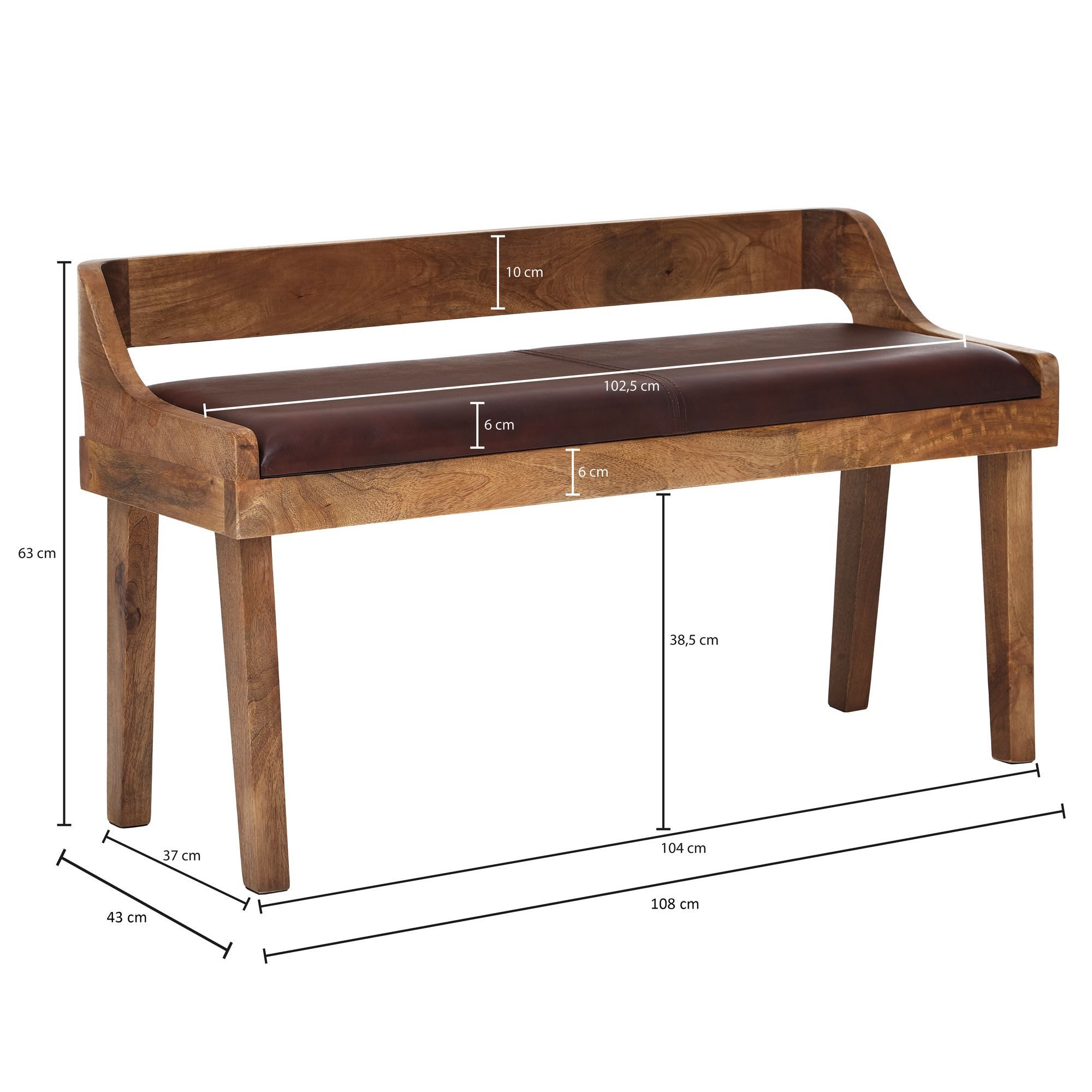 FINEBUY Essbank Sitzbank Echtleder 108 cm Lederbank Flurbank Rückenlehne Massivholz (Polsterbank mit Rückenlehne, Lederbank Braun), Echtleder / Massivholz Bank 108x63x43 cm, Sitzbank
