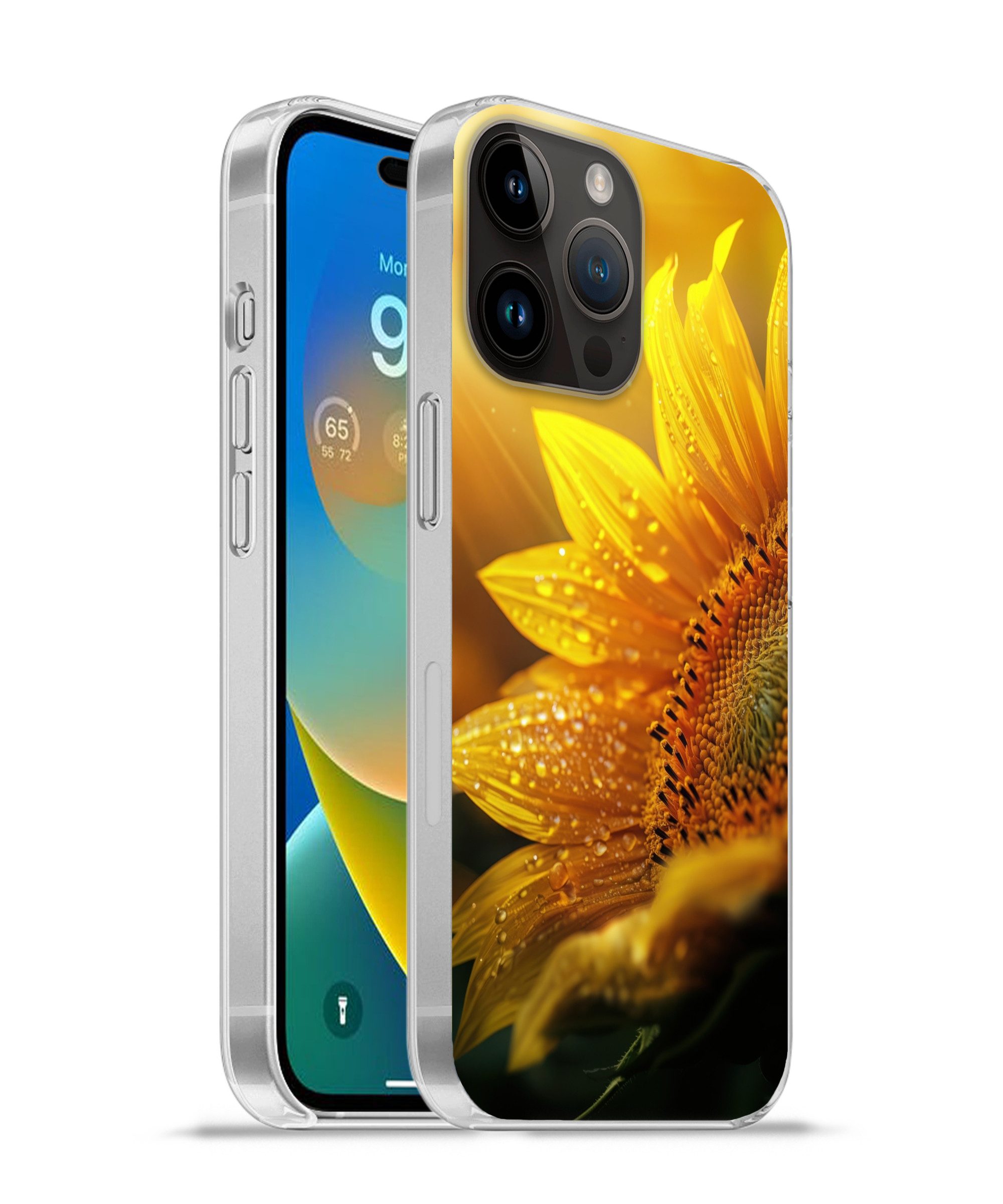 MuchoWow Handyhülle für Apple iPhone 14 Pro Sonnenblume - Tautropfen - Gelb - Sonnenlicht, Smartphone-Bumper, Print, Handy Schutzhülle Dünn