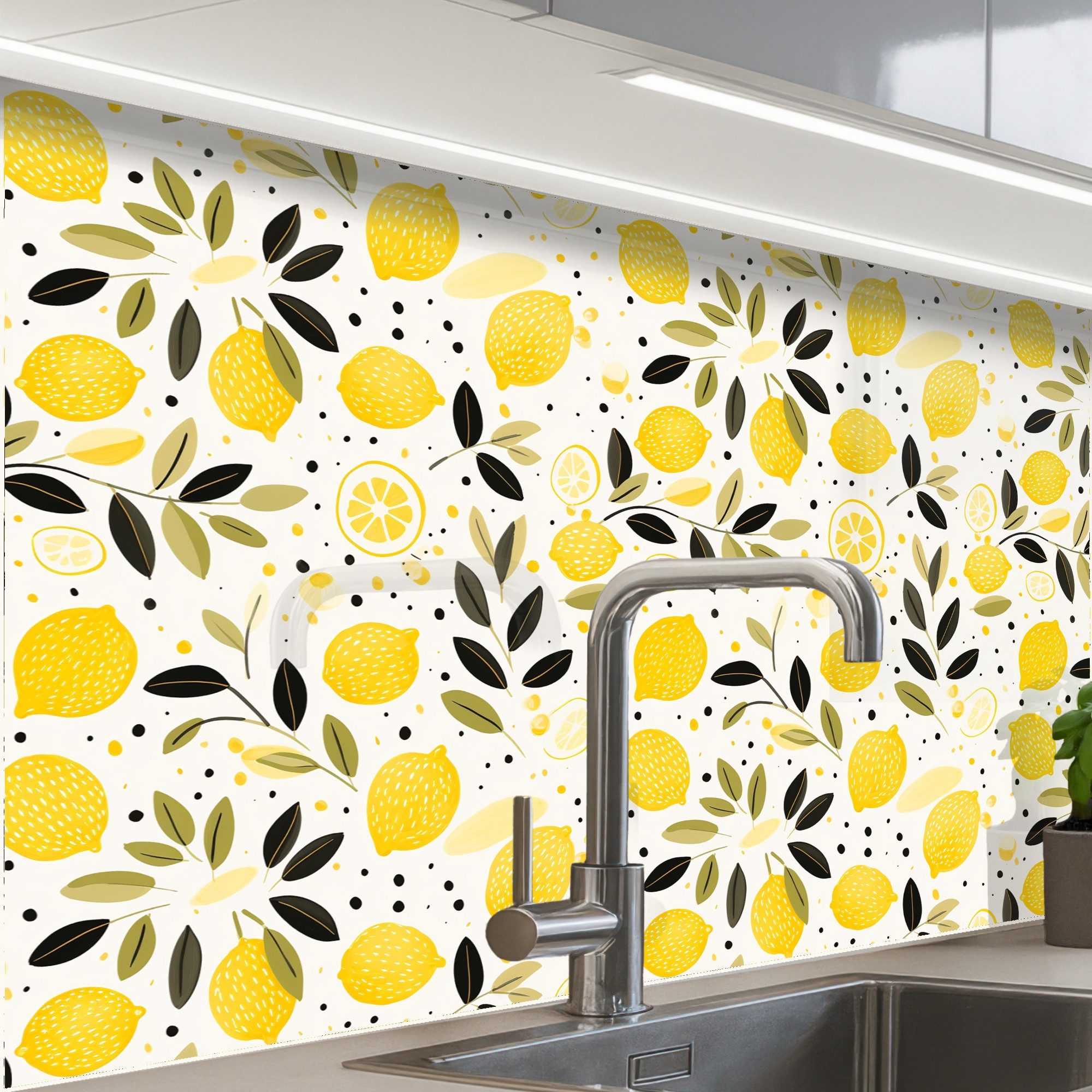 KitchenYeah Küchenrückwand Muster selbstklebend (keine Folie) Zitronen - Gelb - Weiß - Tupfen, (1-tlg), Spritzschutz, Küche, Rückwand, Küchenwand, Küchenfront, 30x20 cm