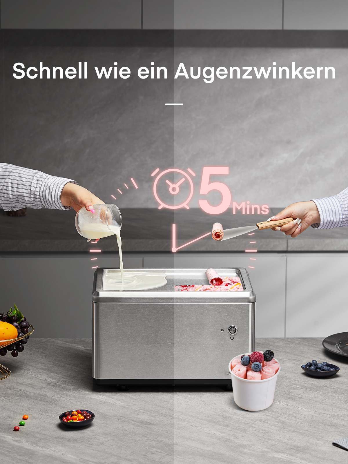 FOHERE Eismaschine Selbstkühlende Roll-Eismaschine für Zuhause mit Kompressor, 120 W, inkl. 2 Metallspatel & Rezeptheft, ein-Knopf-Bedienung