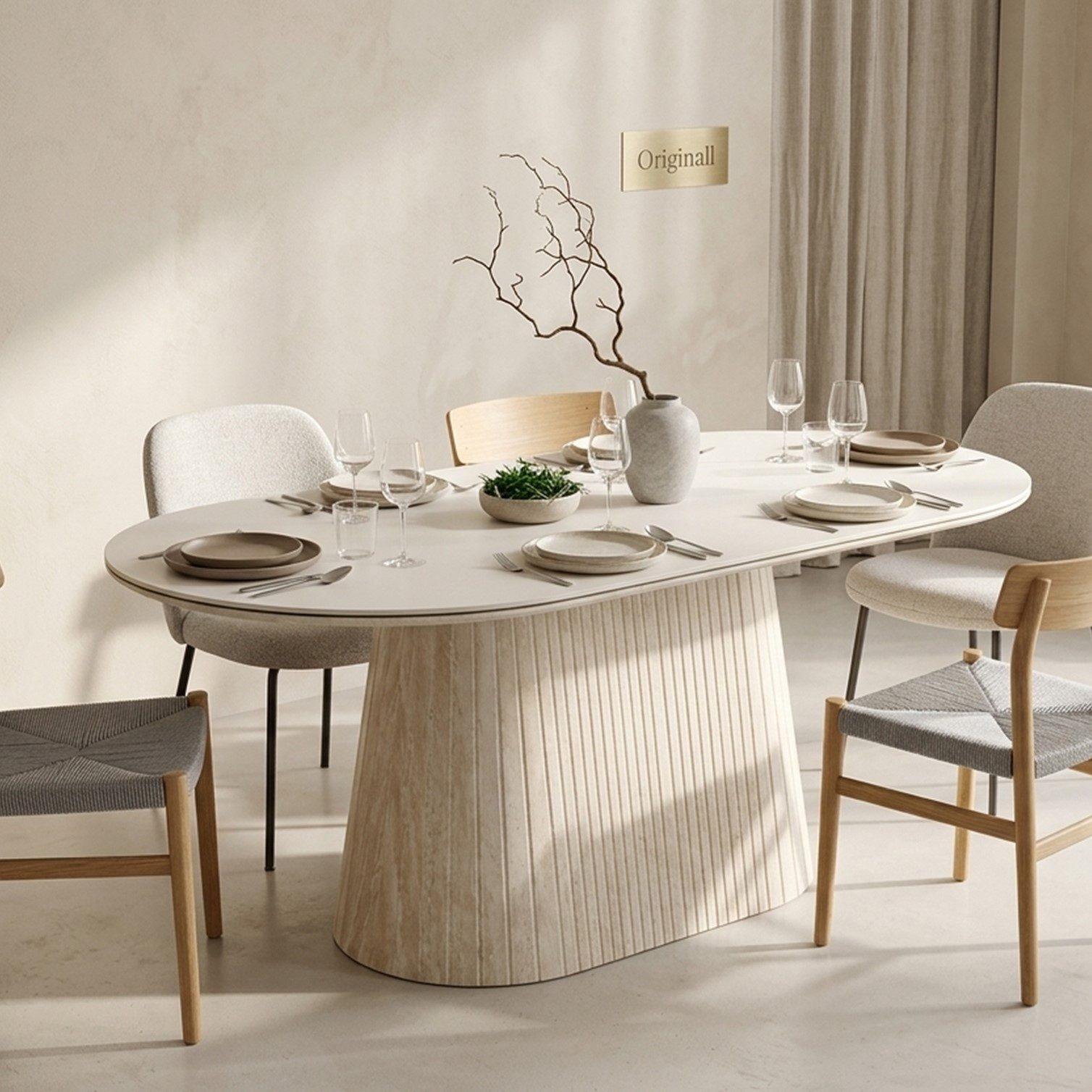 HOOZ Wohnzimmertisch Esstisch oval modern Säulenfuß inkl. Keramikplatte 180x90cm Kalk (Einzelprodukt, 1× Esstisch), Keramik-Tischplatte, verschiedene Varianten, pflegeleicht & stabil