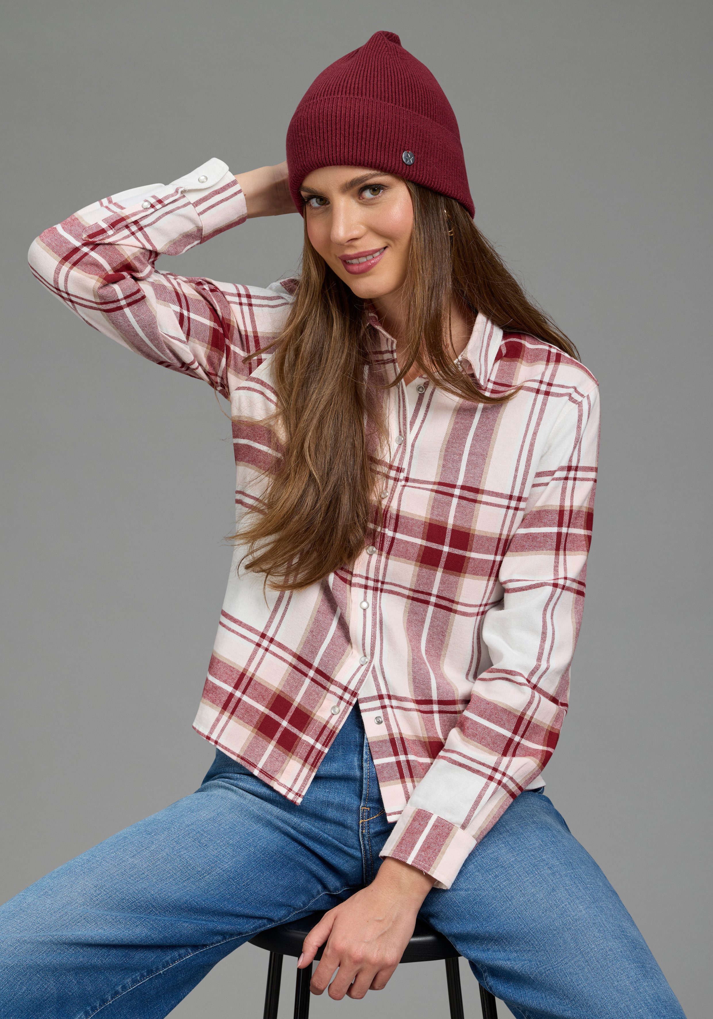 Laura Scott Hemdbluse Casual-Stil, mit Karomuster, aus kuschelweicher Flanell-Baumwolle