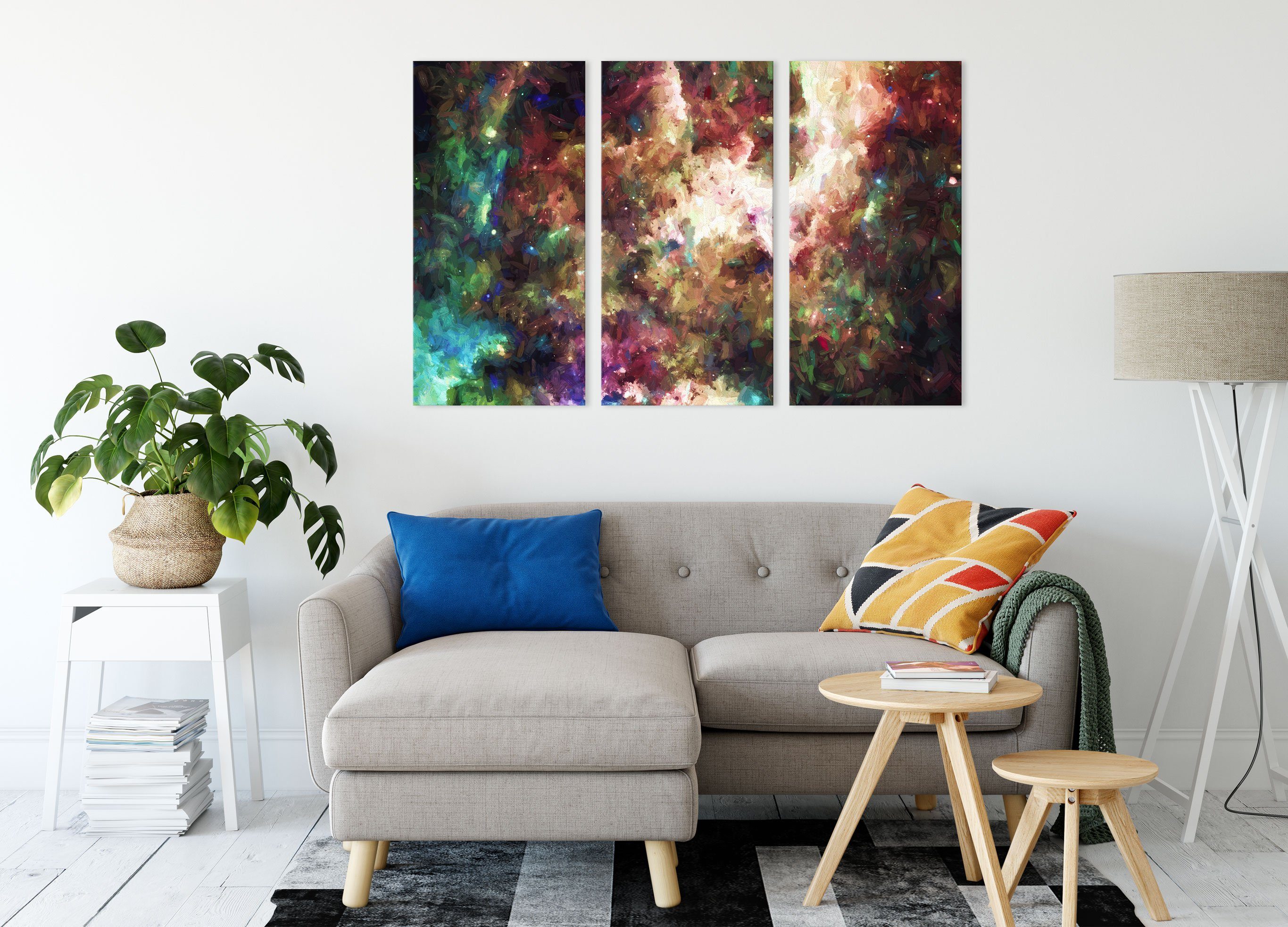 inkl. Sterne, Sterne Zackenaufhänger Pixxprint Leinwandbild Leinwandbild fertig und bespannt, (1 St), Nebelgalaxie Nebelgalaxie und 3Teiler (120x80cm)