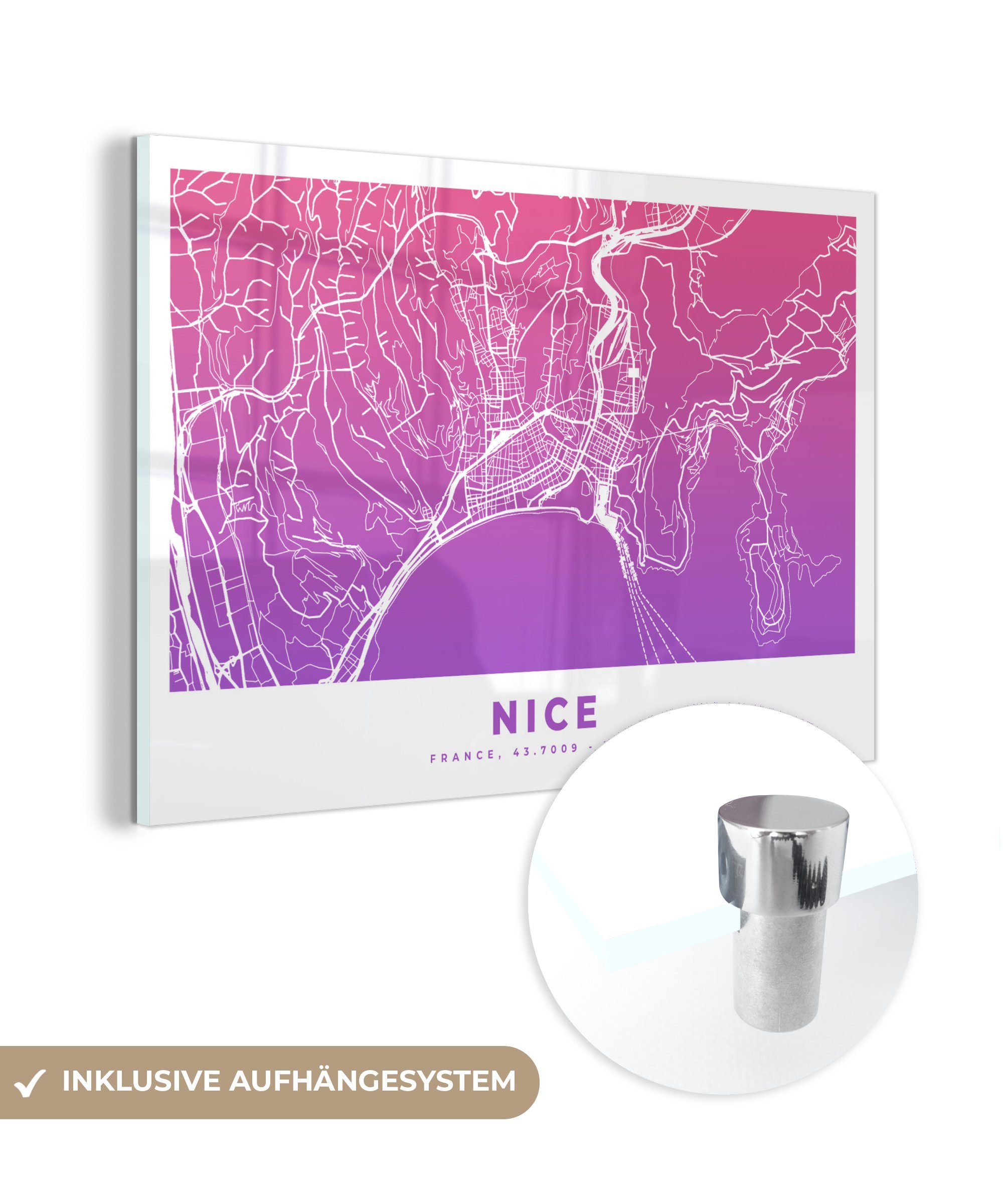 MuchoWow Acrylglasbild Nizza - Stadtplan - Frankreich, (1 St), Acrylglasbilder Wohnzimmer & Schlafzimmer