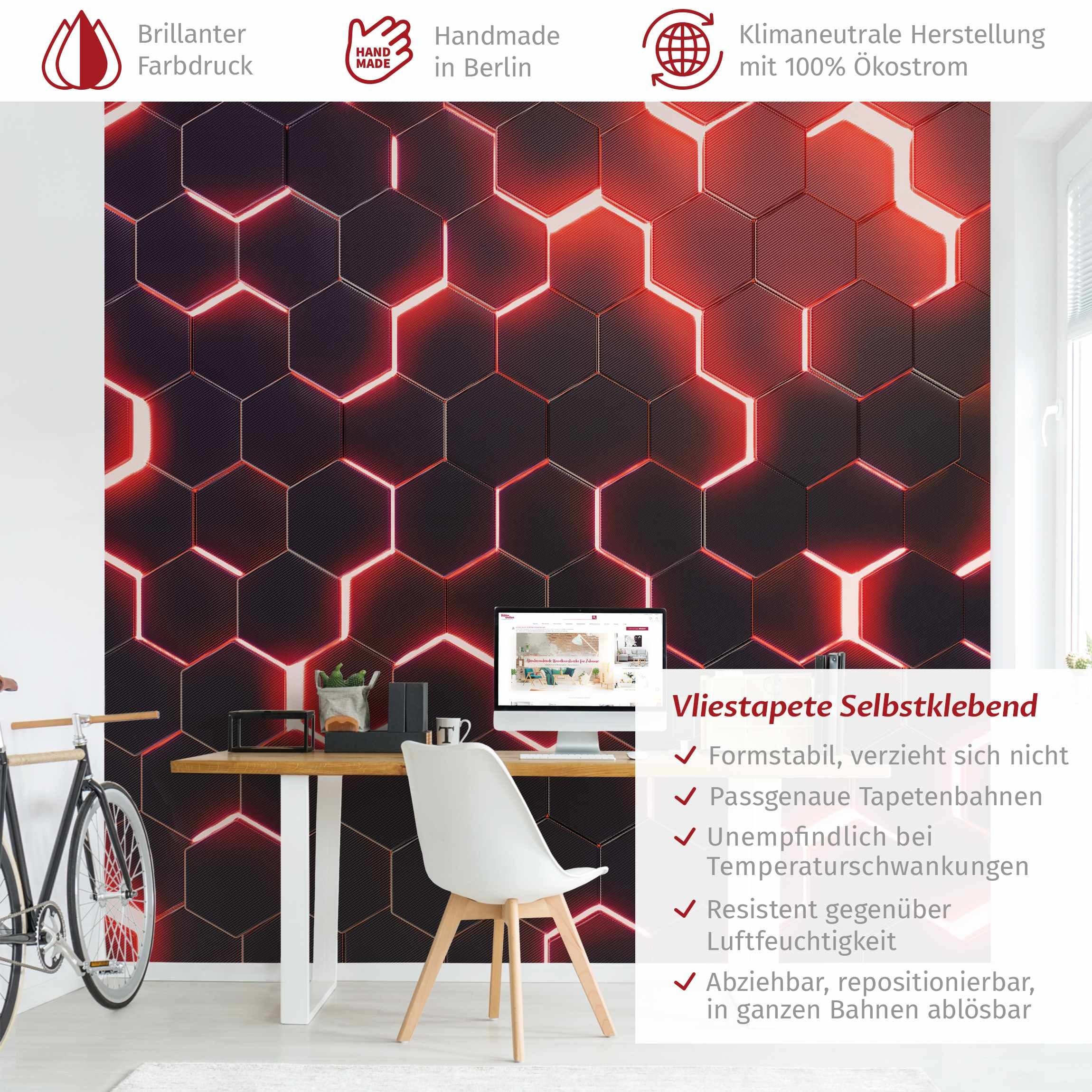 Bilderdepot24 Mustertapete Hexagone Neonlicht Rot 3D-Optik günstig online kaufen
