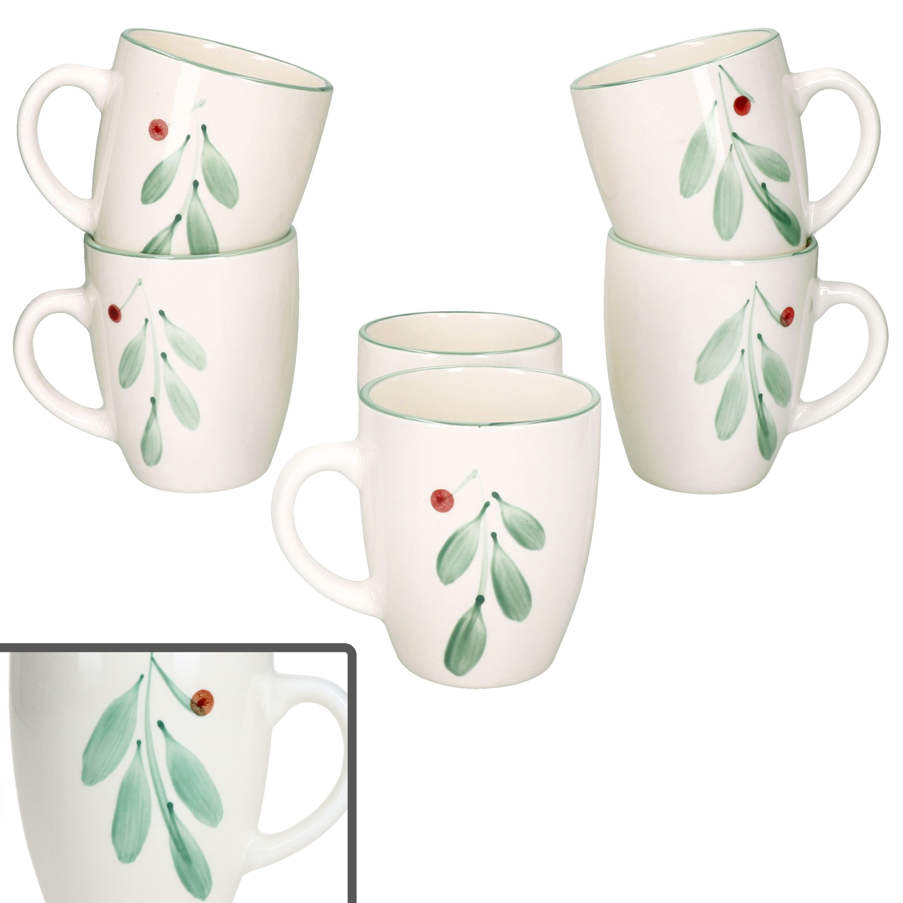 MamboCat Becher 6x Holly Kaffeebecher 320ml Steingut-Tassen Glühwein Tee Mistelzweig, Steingut, Weihnachtsgeschirr, Weihnachten, Weihnachtsset, Geschirr