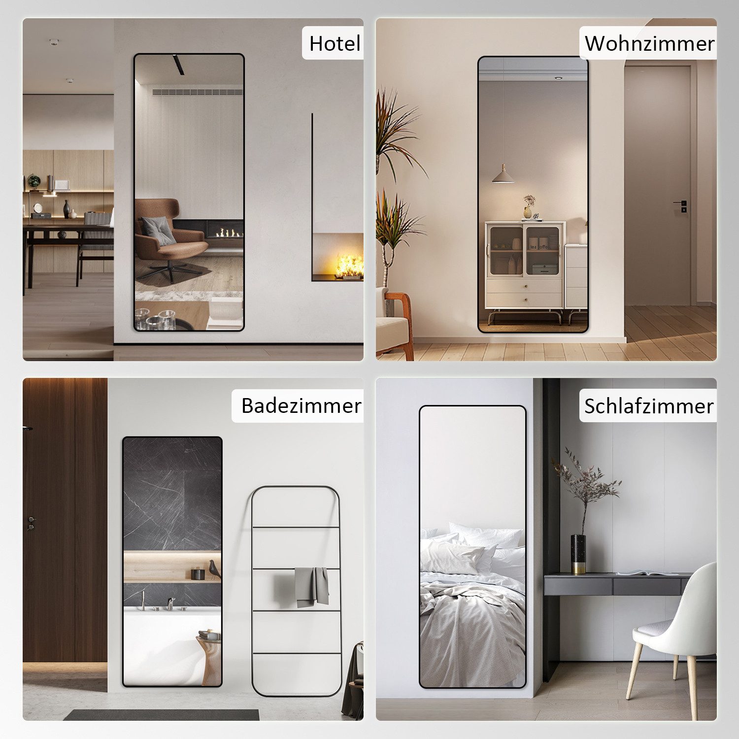 Hopibath Wandspiegel Ganzkörperspiegel 180x80 cm mit Aluminiumrahmen (Bogenspiegel Ganzkörperspiegel Extra groß, Schwarz, Rechteckig), für Flur Schlafzimmer Wohnzimmer Garderobe Friseurladen
