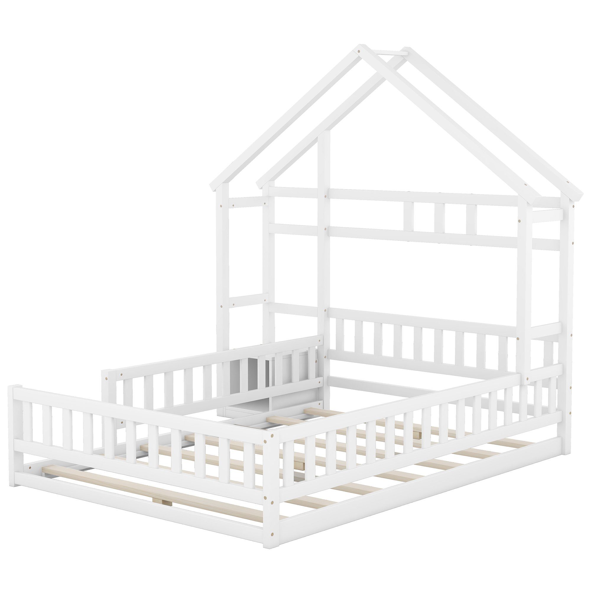Merax Holzbett, mit Weiß Hausbett Kinderbett cm, und Rausfallschutz, 140x200 Nachttisch