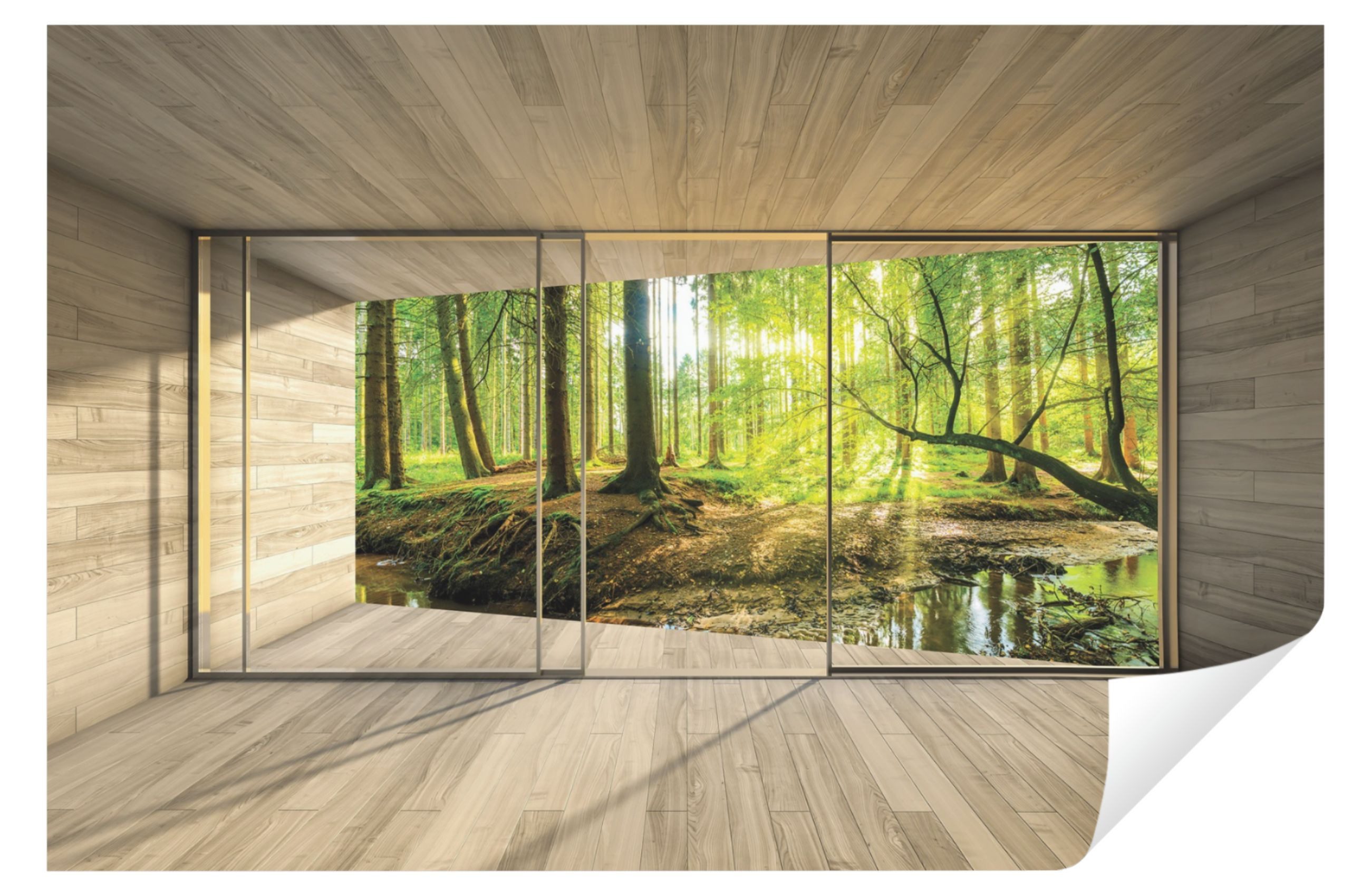 Wallarena Fototapete 3D EFFEKT Wald Sonne Terrasse Natur Fenster Wohnzimmer Schlafzimmer, Glatt, 3D-Optik, Tapete inklusive Kleister Vliestapete Motivtapete