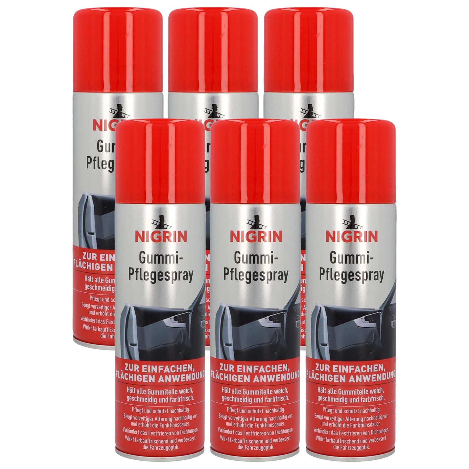 NIGRIN 6x Gummi-Pflege Spray Gummidichtungs-Pflege Auto Pflegeset (6-St. Aufbereitung Pfleger Geschmeidig Farbfrisch Werterhalt Schützt)