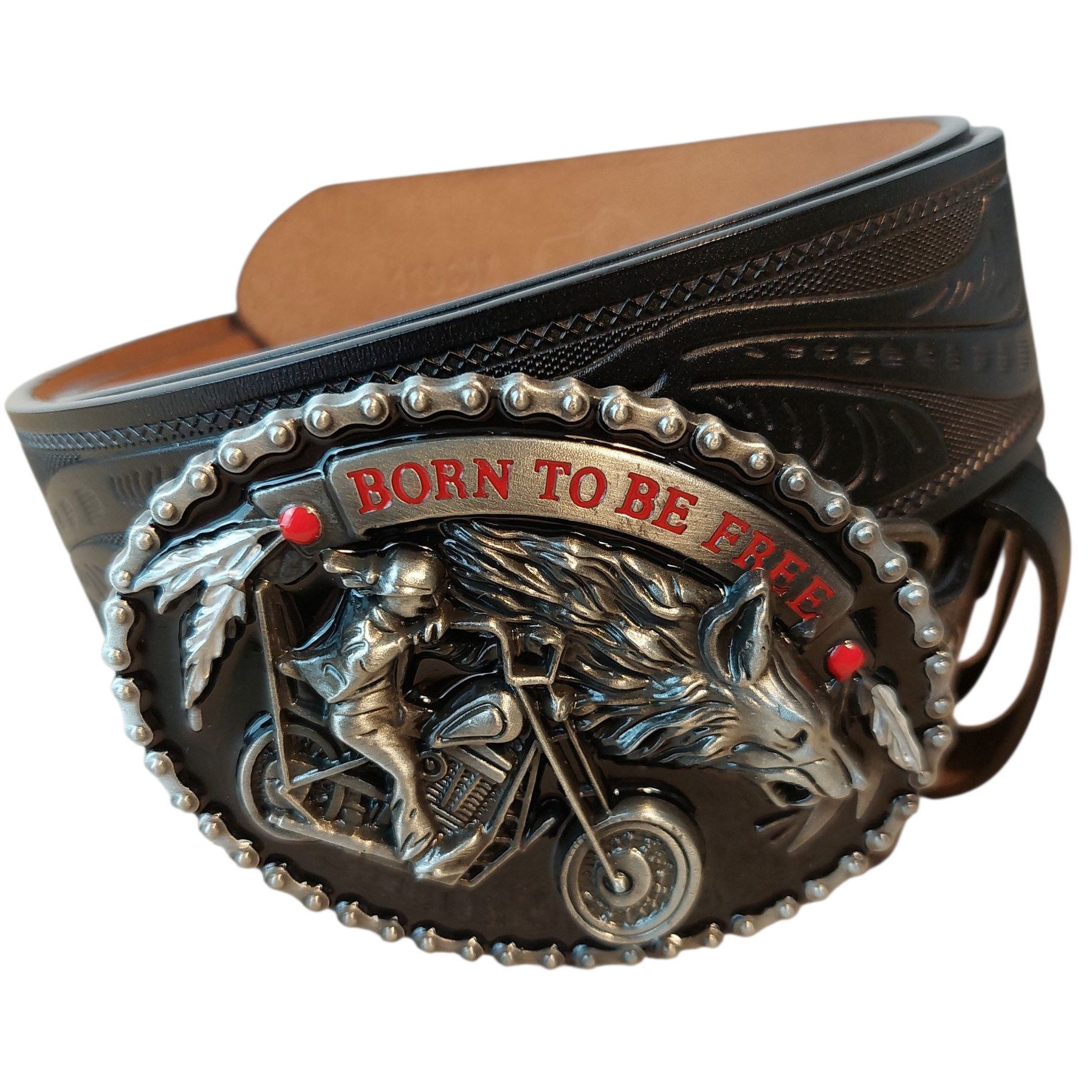 Ledergürtel Bikergürtel Leder schwarzer geprägter Herren Gürtel mit Biker Bukle