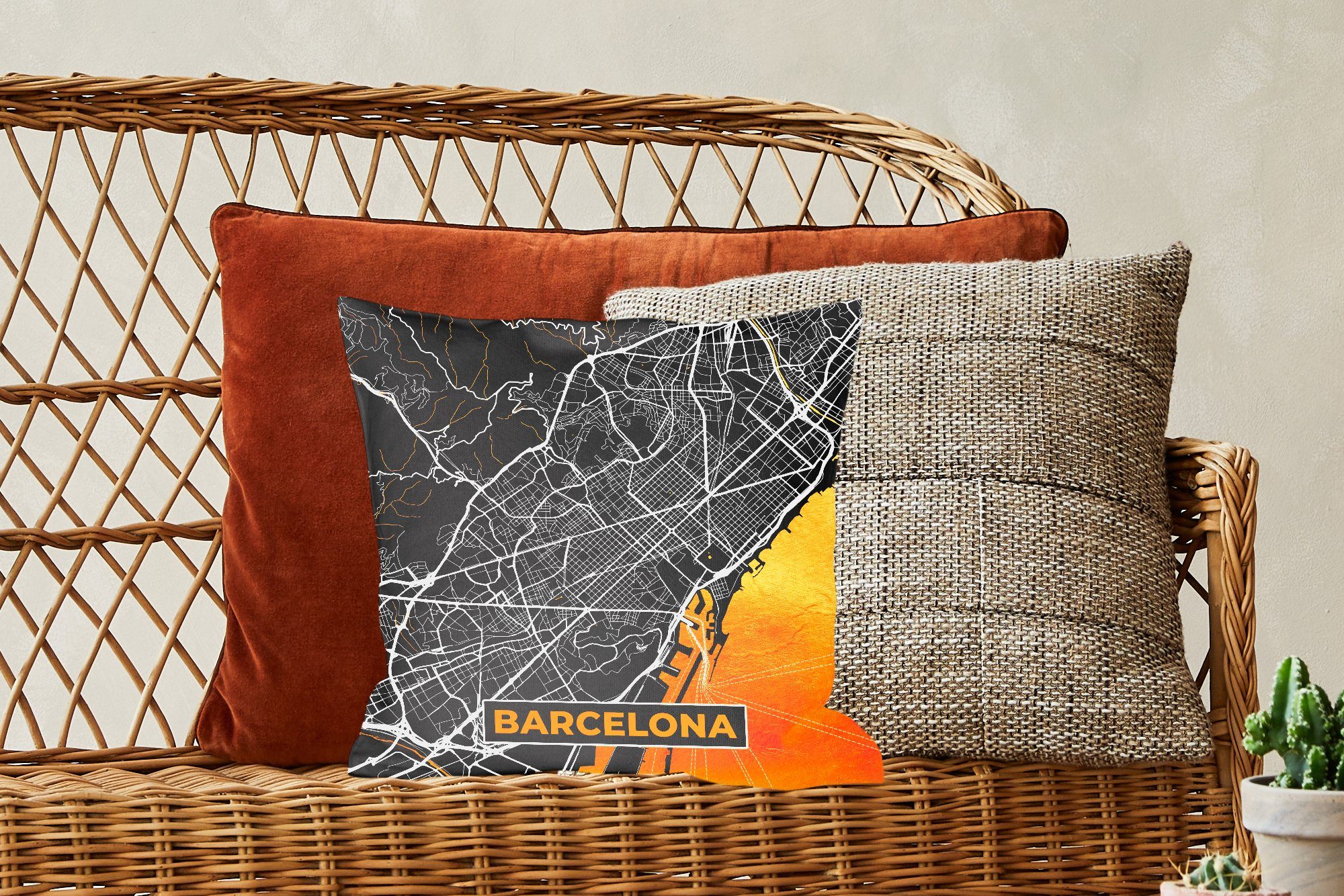 Dekokissen Stadtplan Wohzimmer, Zierkissen Barcelona - für Schlafzimmer, - Karte - Füllung Sofakissen mit Gold, MuchoWow Deko,