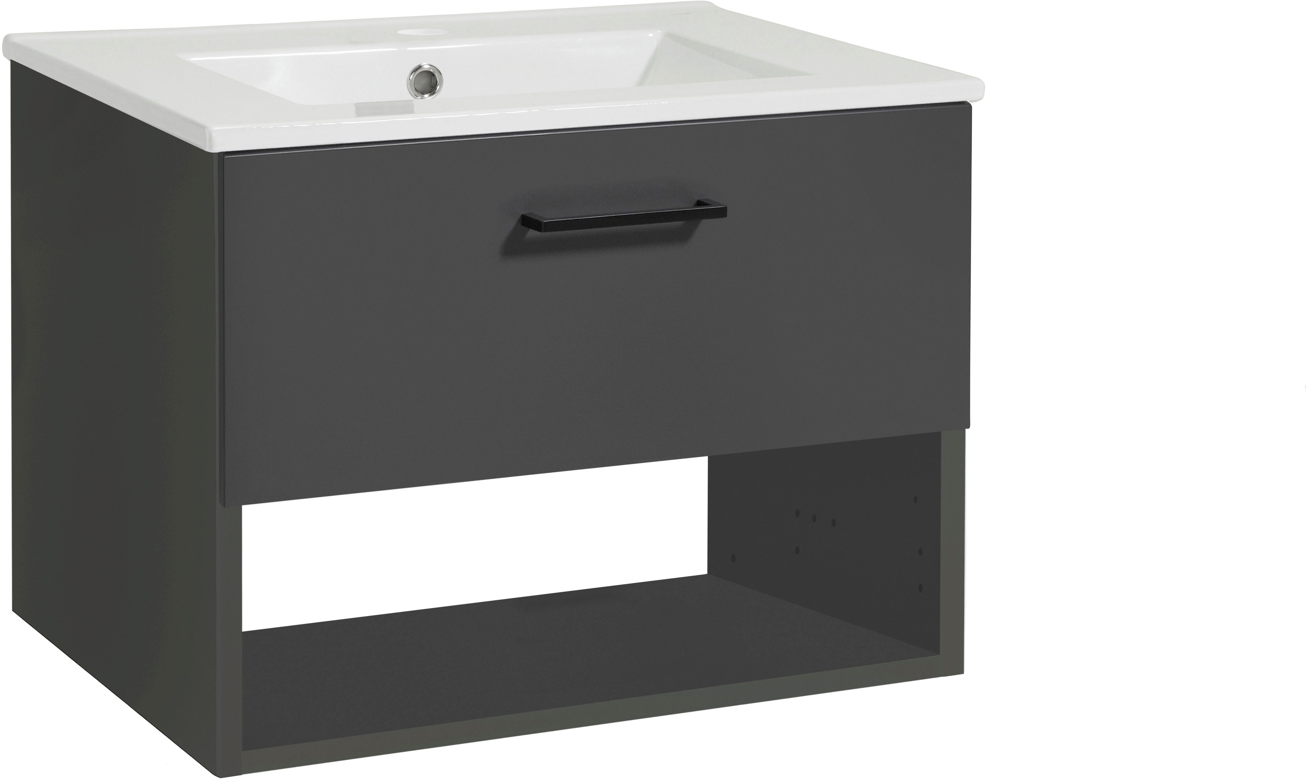 welltime Waschtisch Trento Light mit Keramik-Auflagebecken, 1 Auzug und 1 offenes Fach, Breite. 61cm, Anthrazit Matt