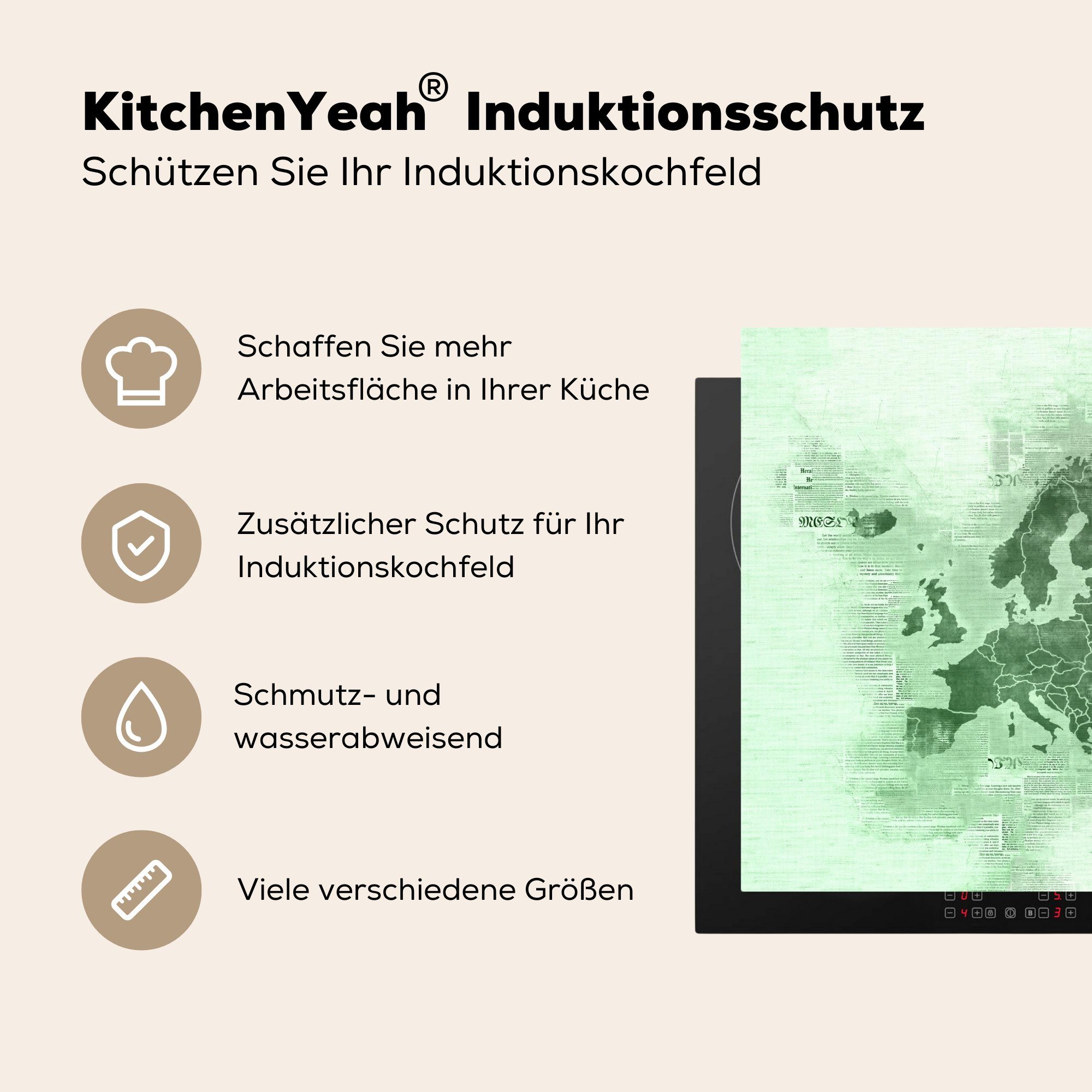 MuchoWow Herdblende-/Abdeckplatte Europa - Arbeitsplatte - 78x78 küche Grün, Vinyl, (1 Zeitung für tlg), - cm, Karte Ceranfeldabdeckung