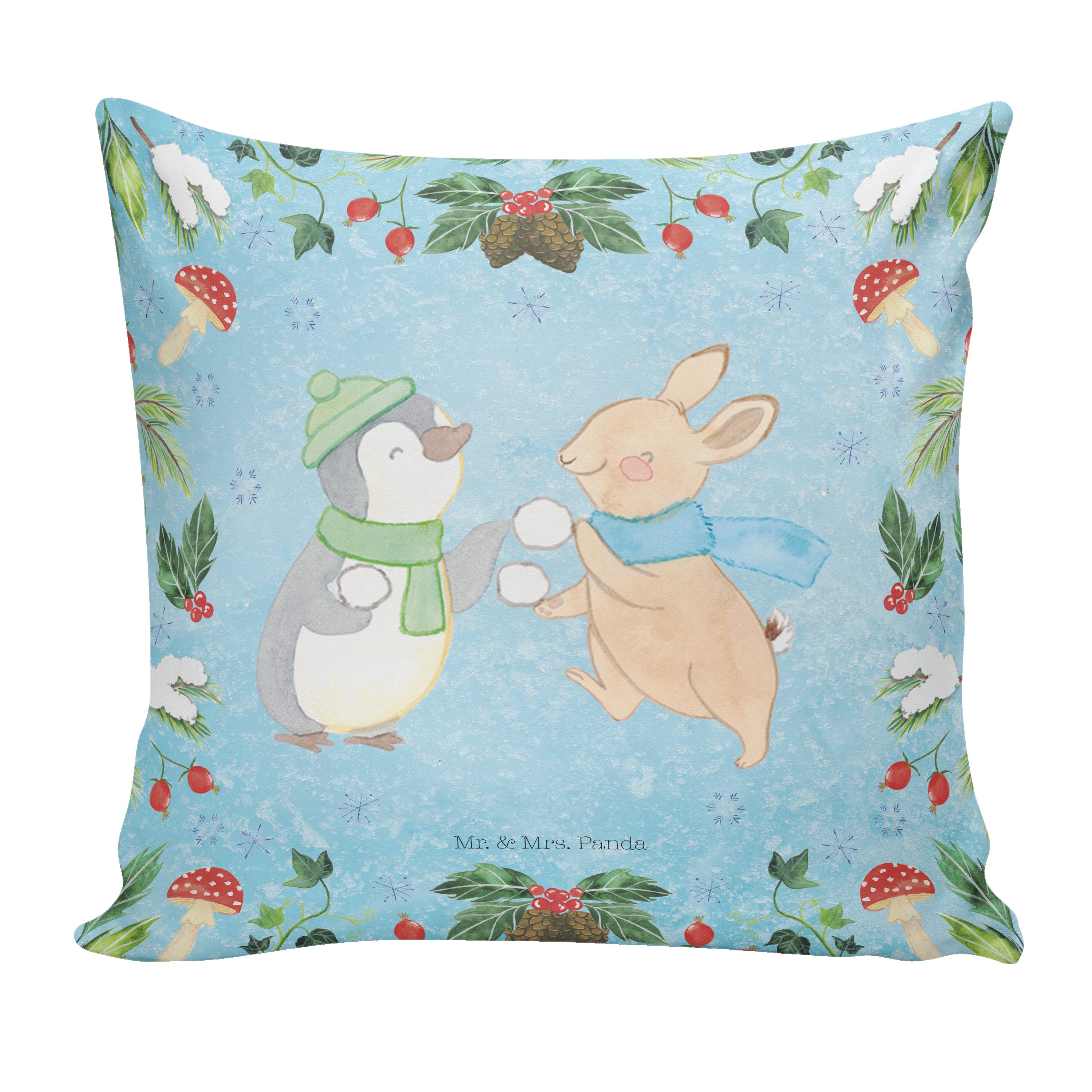 Mr. & Mrs. Panda Dekokissen Pinguin Hase Schneeballschlacht - Eisblau - Geschenk, Weihnachten, Ki