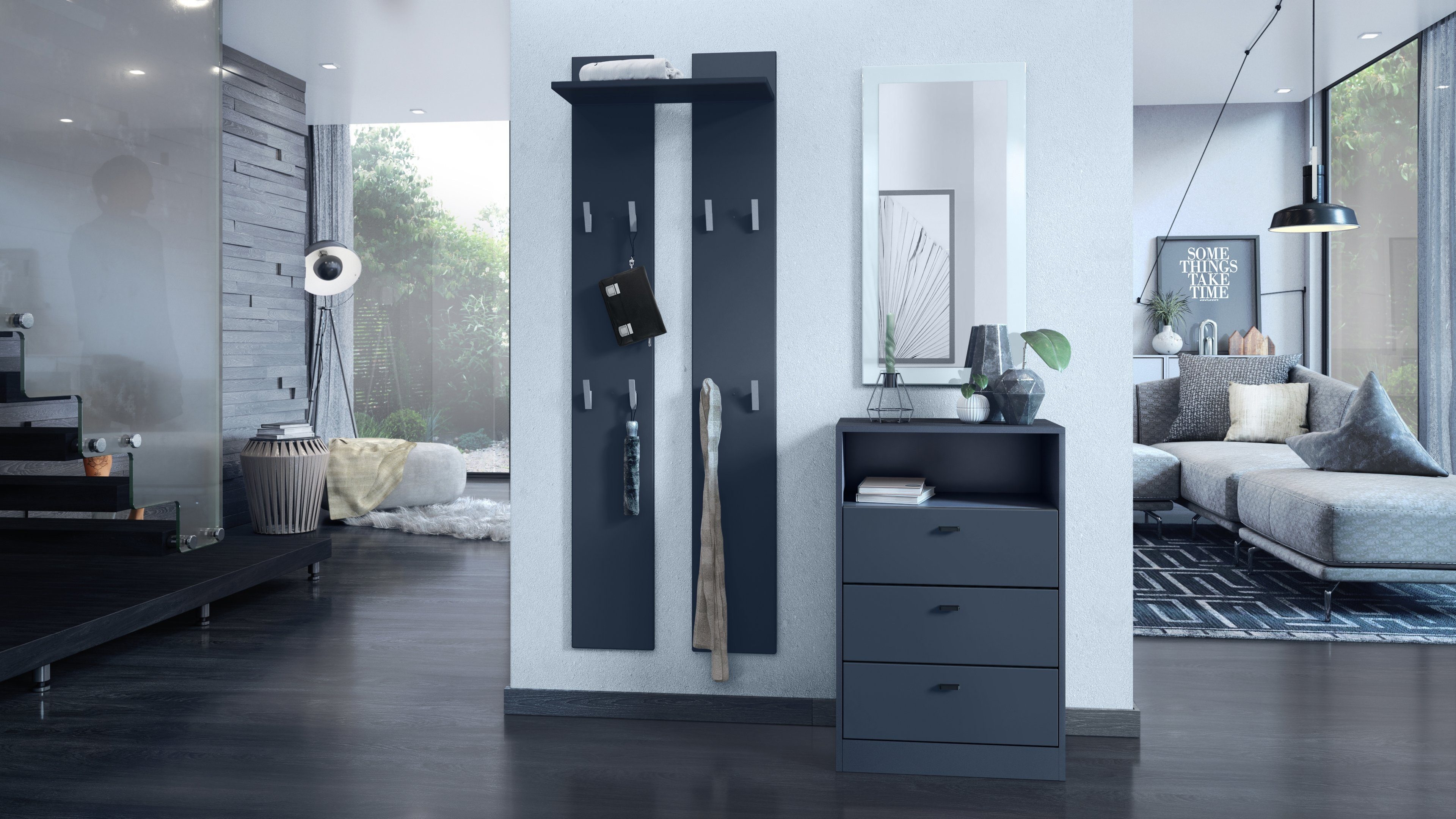 Vladon Kommode Pino V2 (Anrichte, mit 3 Schubladen & 1 offenem Fach), Anthrazit matt (56 x 86,5 x 36 cm)