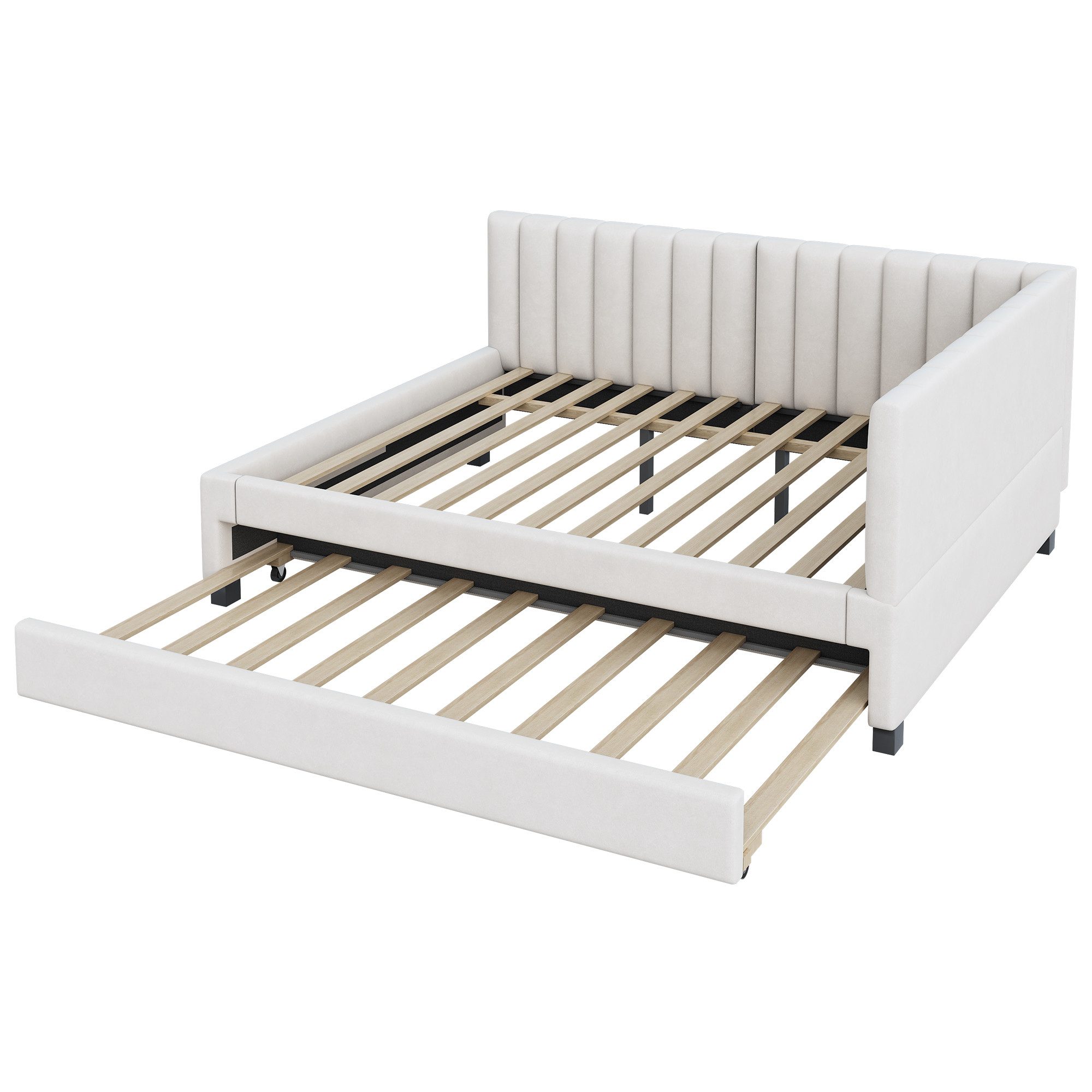 HAUSS SPOLE Schlafsofa 140x200cm mit ausziehbares schlafsofa, Lattenrost, Samtstoff Beige, Polsterbett 140x200 cm – Ausziehbares Schlafsofa mit Lattenrost, Multifunktional für Jugendzimmer & Gästezimmer, Samtstoff, Stabil & Komfortabel, ohne Matratze