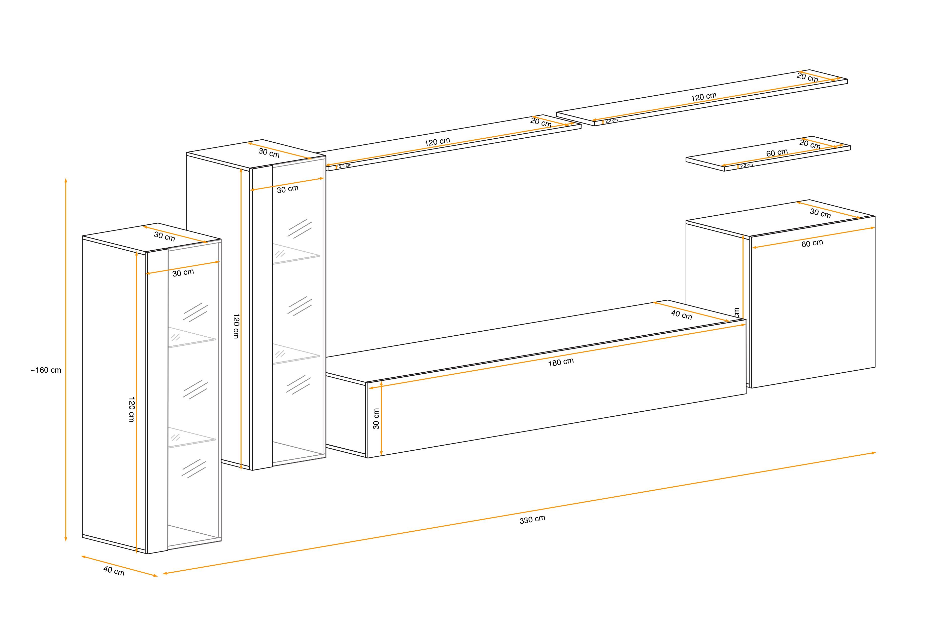 Stylefy Wohnwand 3×Wandboard, (7 Wohnzimmer-Set), aus Wotan - Eiche (Set St), Weiß 1×Wandschrank, L, XI 2×Hängevitrine 1×Lowboard, bestehend Swotch